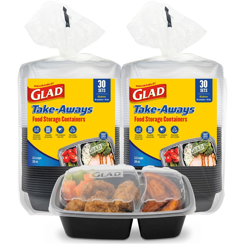 Glad TakeAways 60Pack SnapSeal, 2Compartment, Dishwasher and Freezer Safe, Reusable Food Storage, Meal Prep Containers, Made