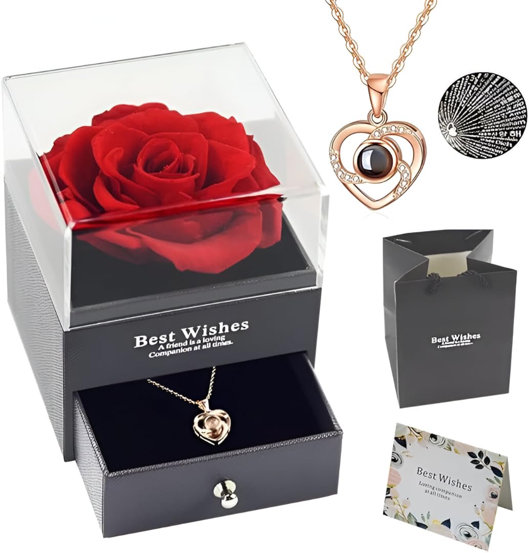 Homvera Valentine Gift For Girlfriend, Wife | Marriage Anniversary Gift For Wife Preserved Rose Flower With Heart Necklace | Cut