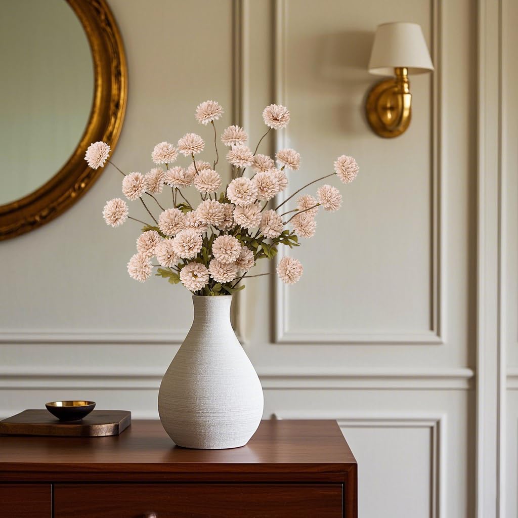 DuHouse 6pcs Artificial Flowers Faux Silk Pompon Mum,Silk Small Mini Chrysanthemum Ball with Stems for DIY Wedding Bouquets Cent