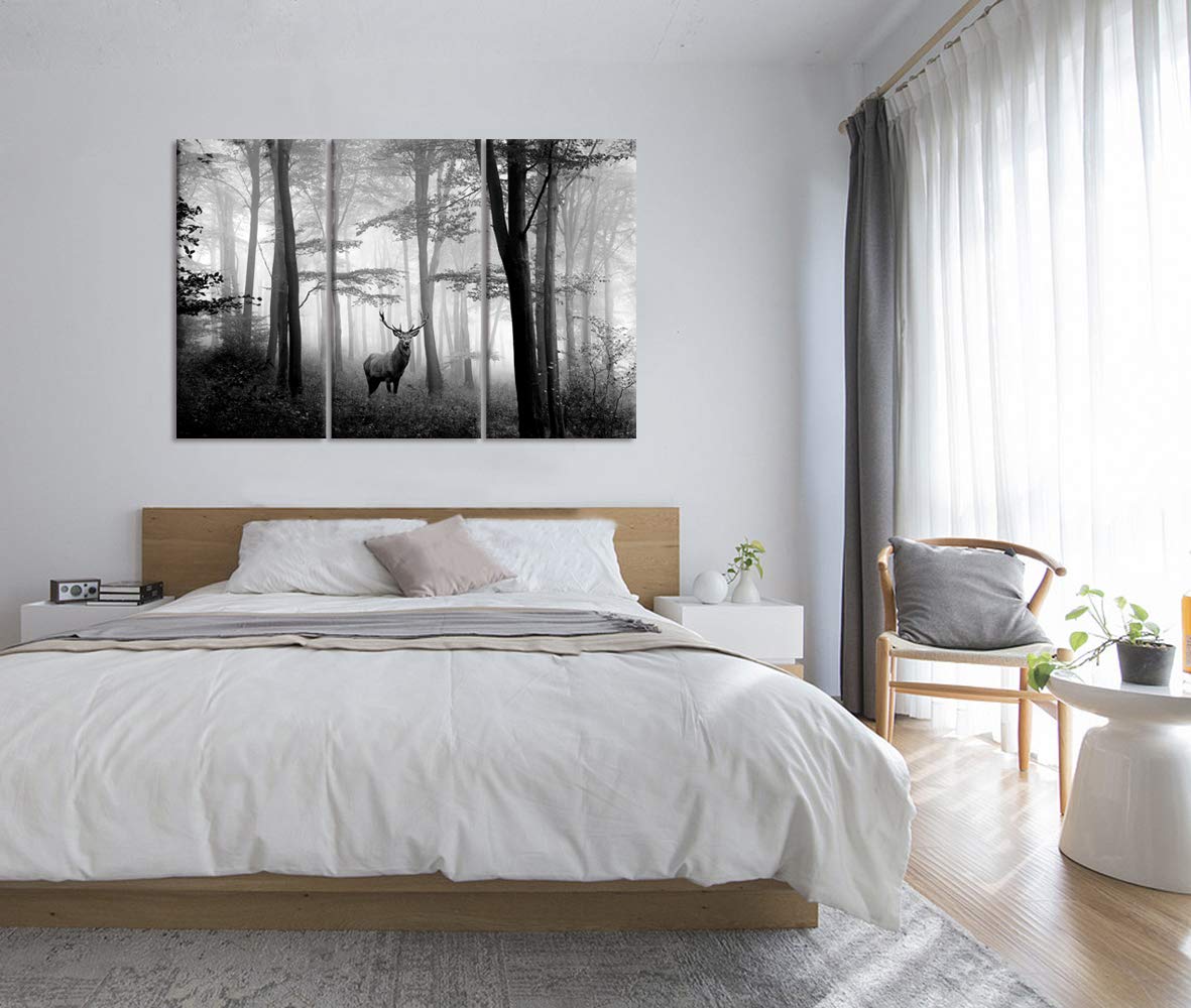 Welmeco 3 Pieces Animals Wall Decor Black And White Deer In Autumn Forest Canvas Prints Artwork For Home Office Nature Scenery L