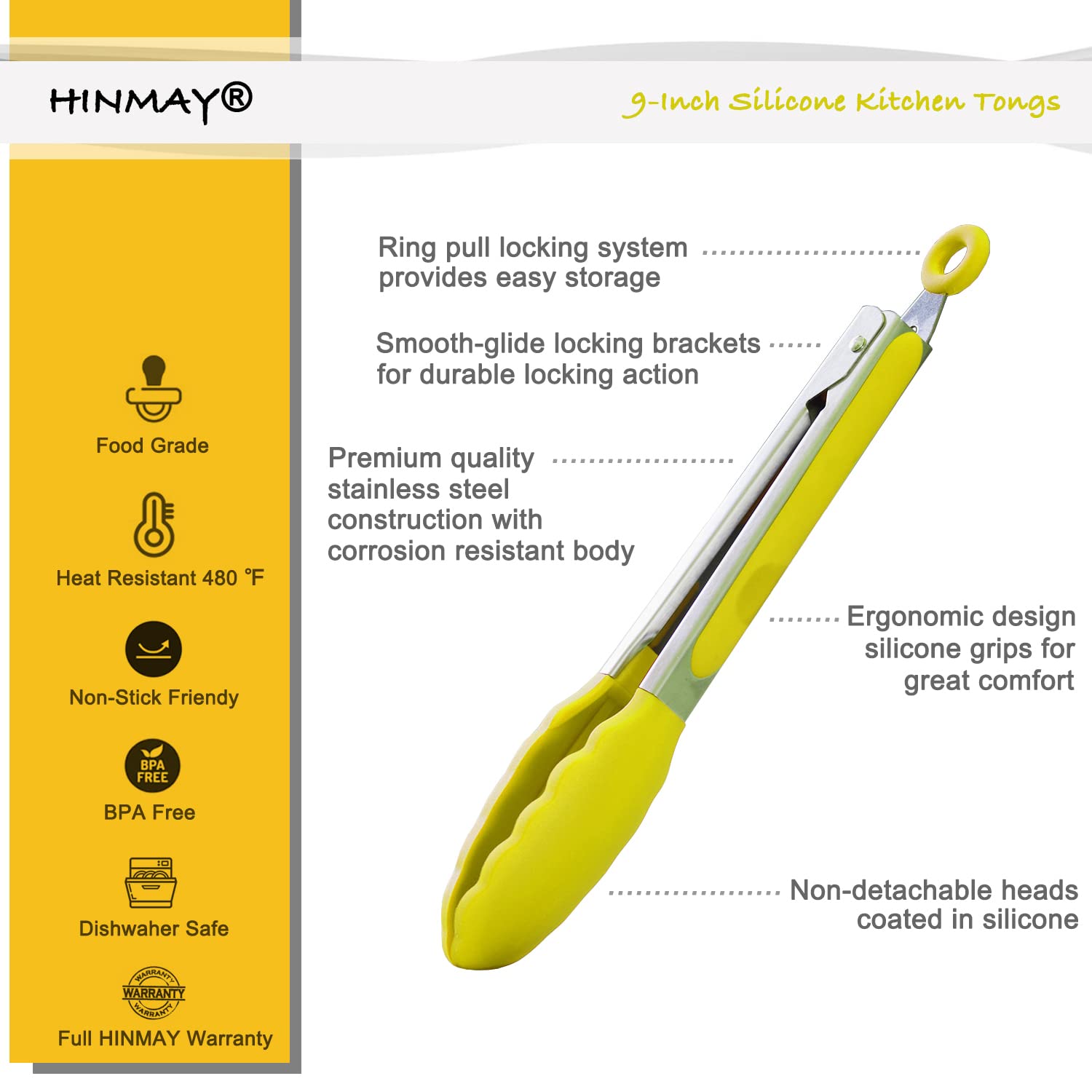Hinmay Silicone Tipped Tongs 9-Inch Kitchen Cooking Tongs, Set Of 3 (Yellow)