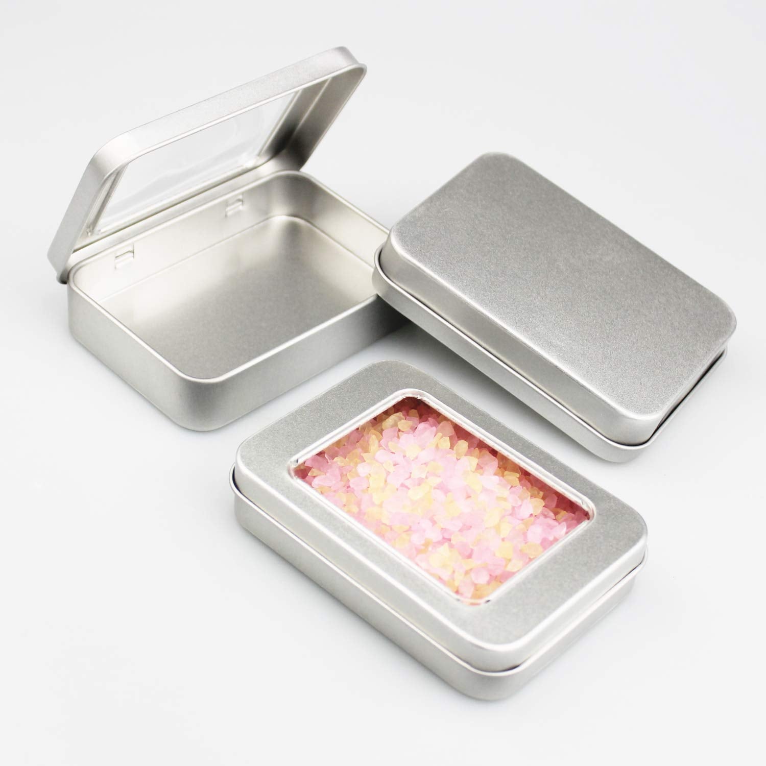 12 Pack Empty Rectangular Metal Storage Organizer Tins With Clear Window Hinged Lids For Candies, Gifts & Treasures (Silver)