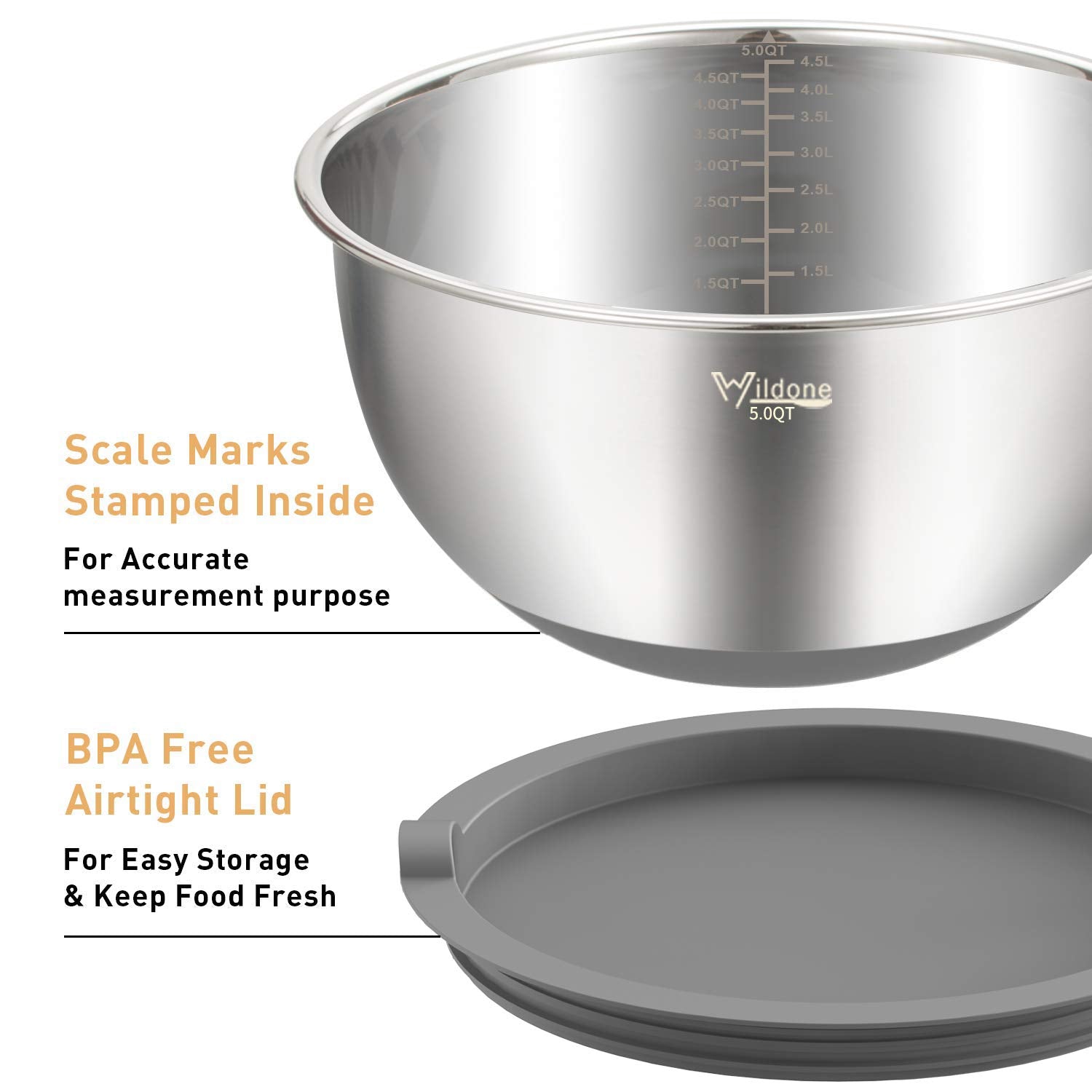 Wildone Mixing Bowls With Lids Set, 5Pcs Stainless Steel Grey Nesting Bowls With 3 Grater Attachments, Measurement Marks & Non-S