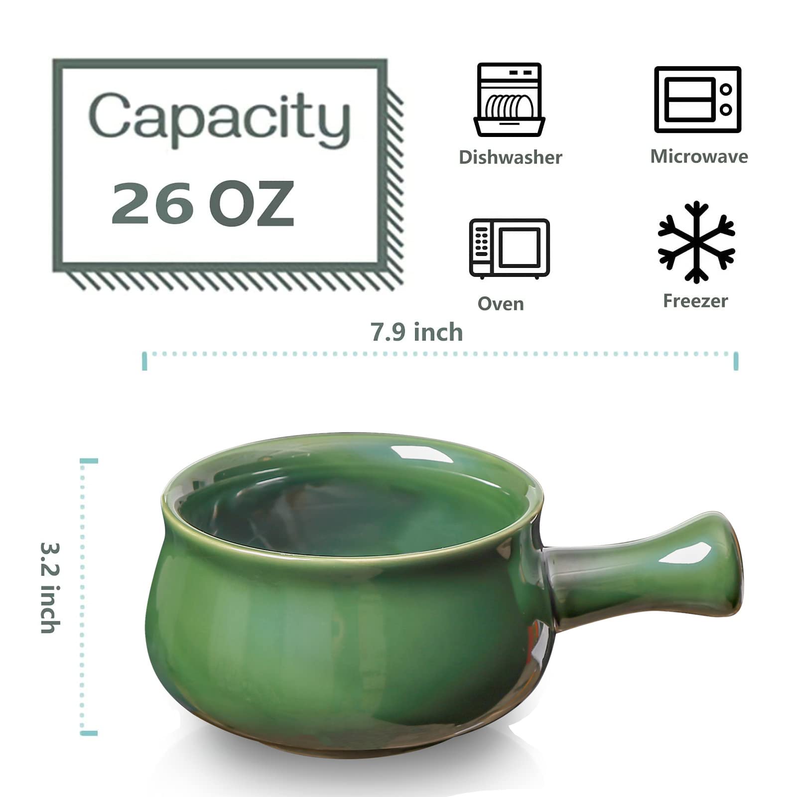 vicrays French Onion Soup Bowls With Handles  26 Ounce for Soup  Chili  Beef Stew  Chip Resistant  Dishwasher Microwave Safe  Set of 4 (Green)