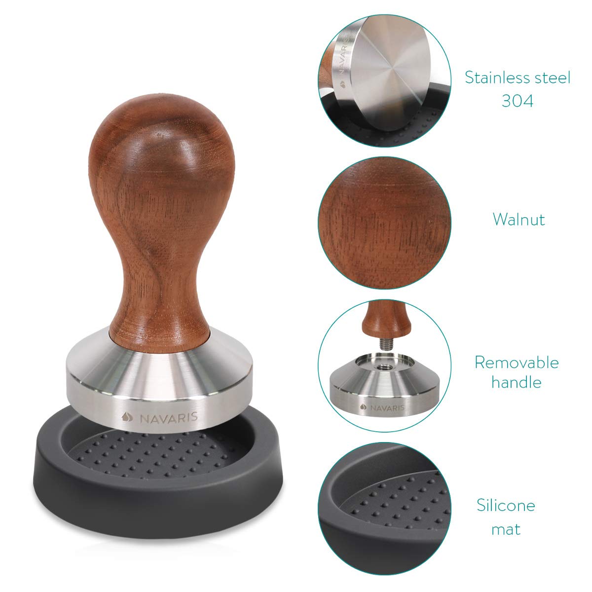 Navaris Coffee Tamper - Handheld Stainless Steel Espresso Press With Walnut Handle For Coffee Grounds - 2 Inch (51 Mm) Coffee Gr