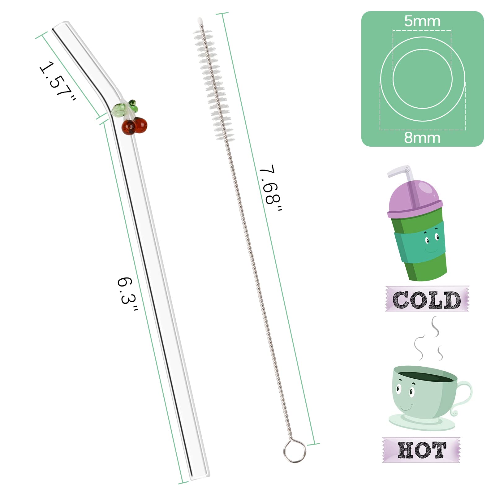 Olpchee 5 Pcs Reusable Straws Clear Glass Straws Colorful Cherry Design Size 7.8'' X 8Mm With 1 Cleaning Brush For Smoothies, Mi