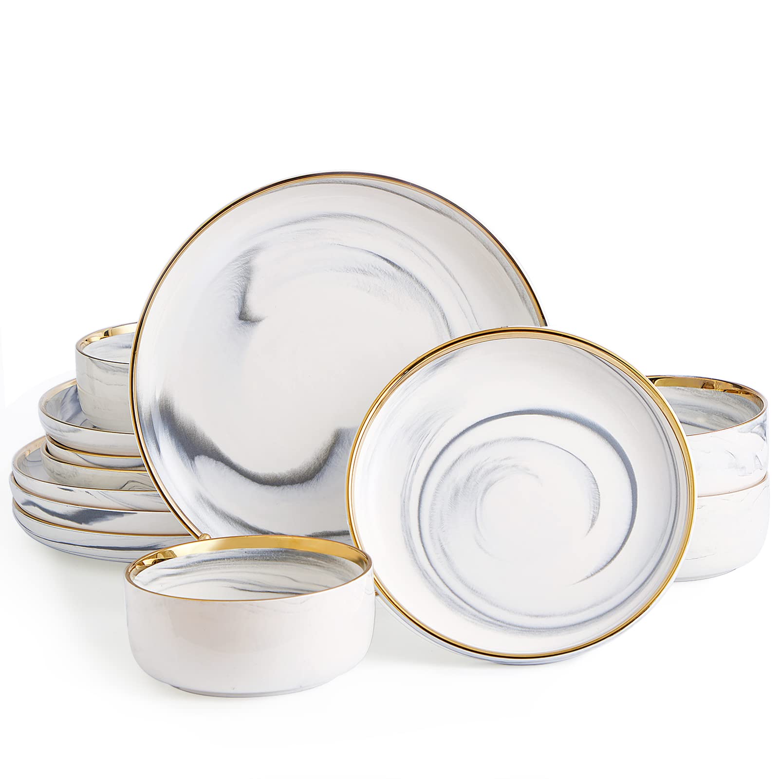 Pokini Marble Gold Rim Dinnerware Sets, Porcelain Plates and Bowls Sets, Modern Luxury Dish Set for 4, White Grey China Dinner S