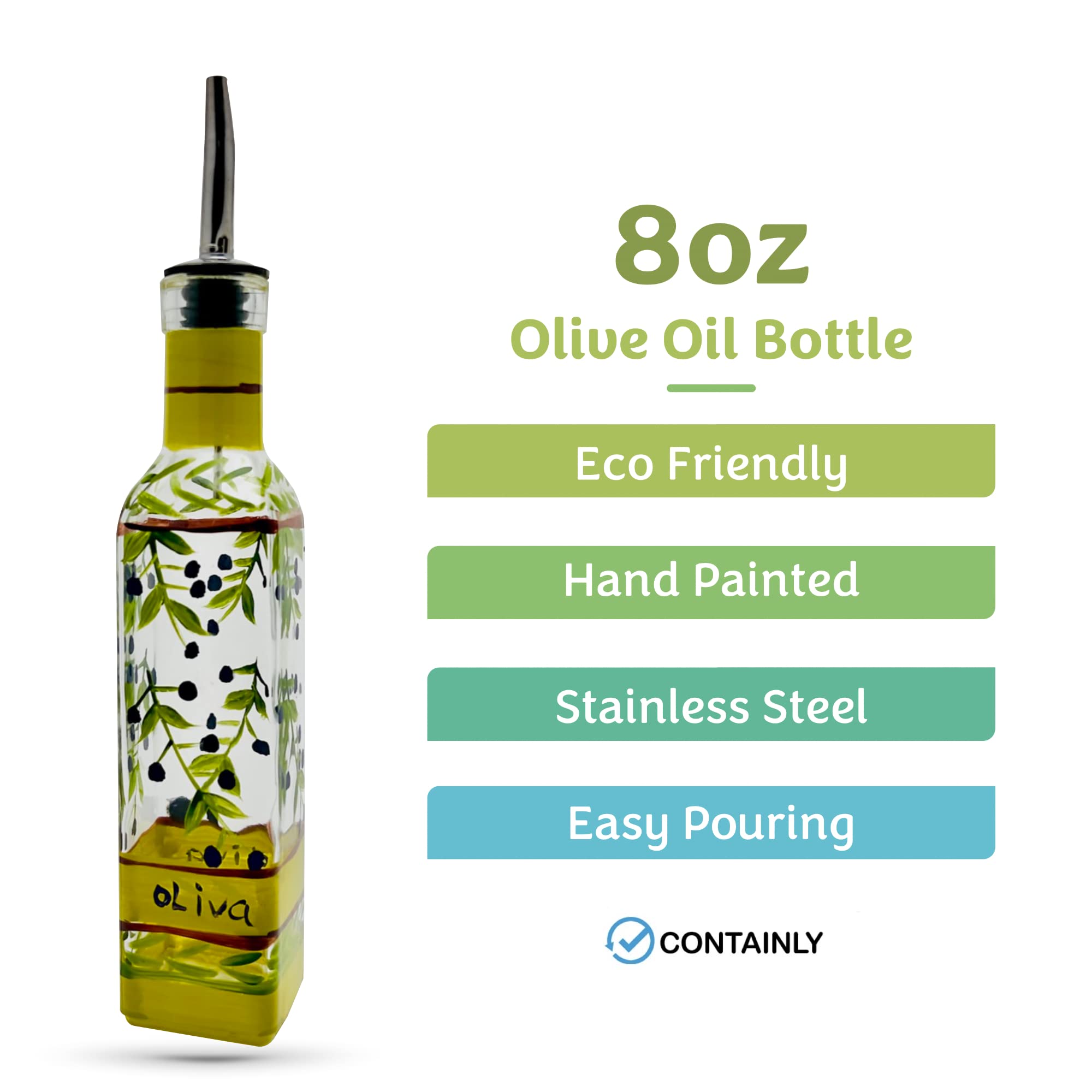 Containly Hand Painted Glass Oliva Branch Oil/Vinegar Glass Cruet For Kitchen, 8 Oz Olive Oil Dispenser With Stainless Steel Spo