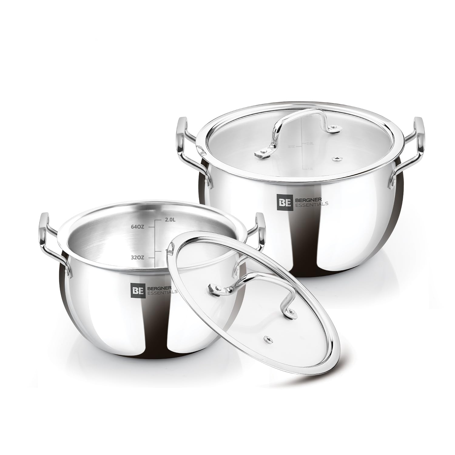 Bergner Be Essentials Triply Stainless Steel Rice Handi Combo Set - 2 Pcs Rice Handi Set Of 20Cm (4 L) And 16Cm (2 L) With 2 Fla