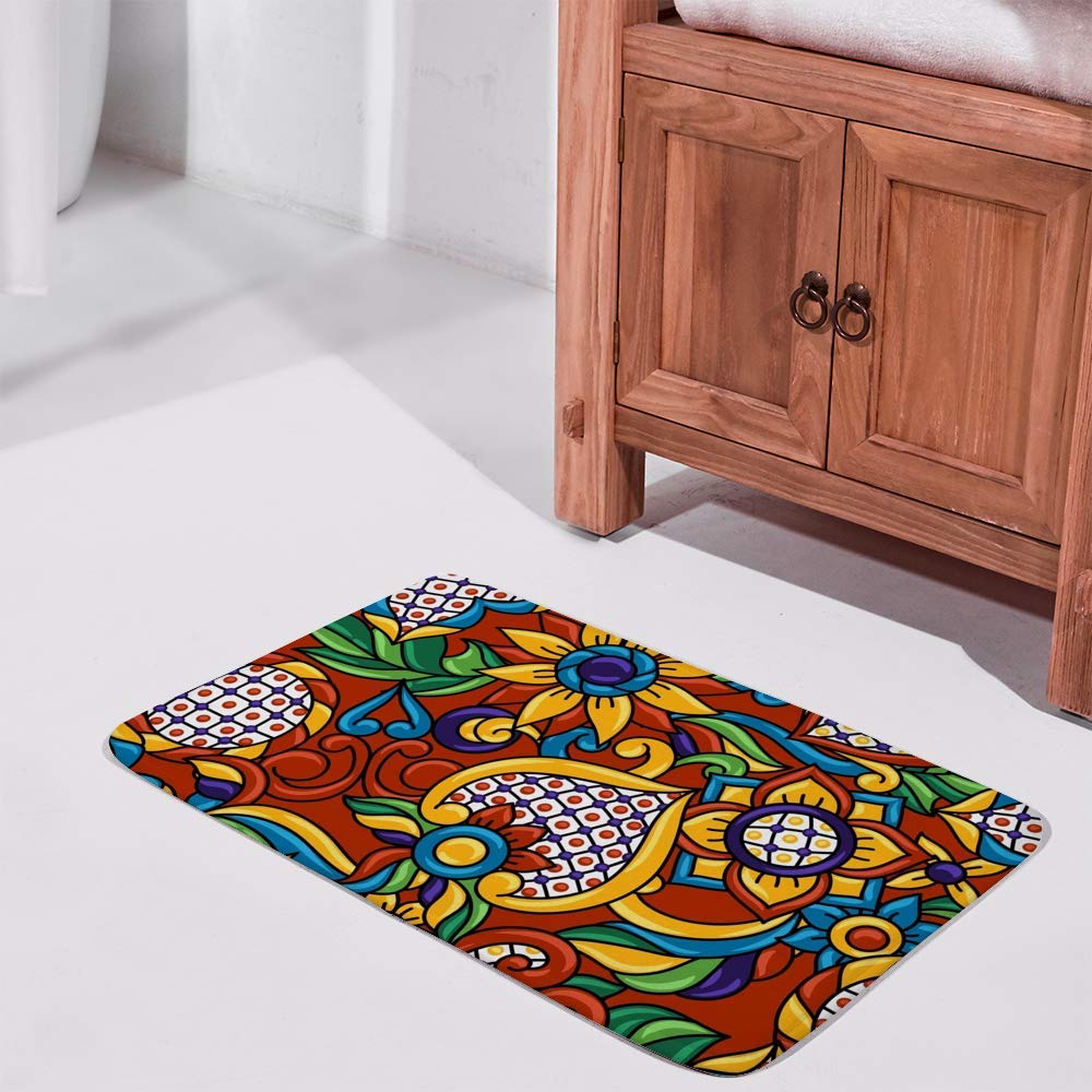 Bath Rug Bathroom Mat Rug Non-Slip Water Absorbent Coral Velvet Shower Machine Washable Memory Foam Mexican Talavera Ethnic Folk
