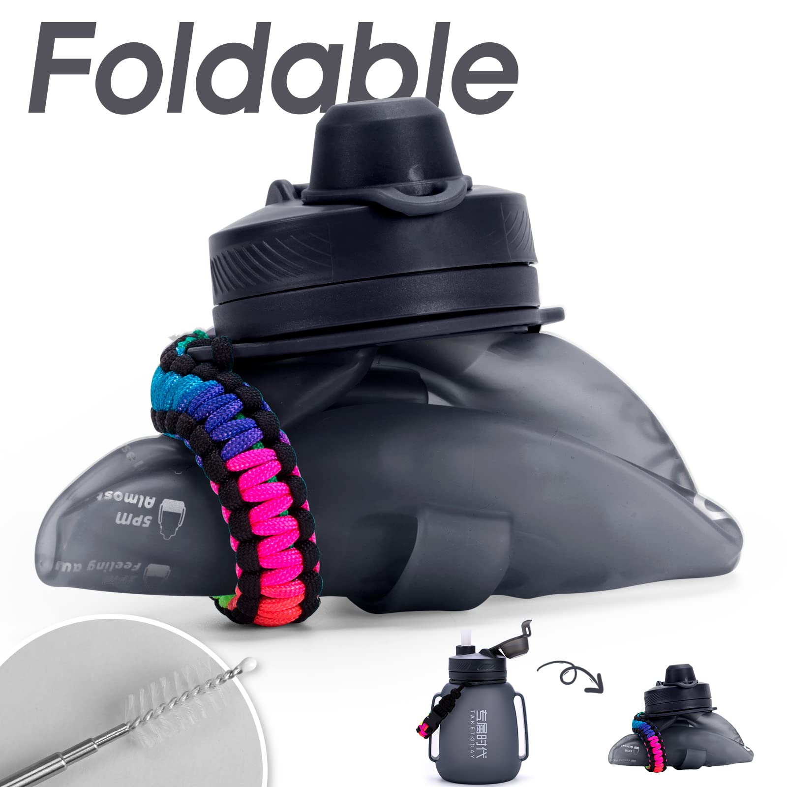 TakeToday Collapsible Water Bottles 40 OZ Motivational Water Bottle with Straw and Paracord Handle Silicone Sports Water Jug with Times Leakproof Large Water Bottle for Yoga Camping Outdoors