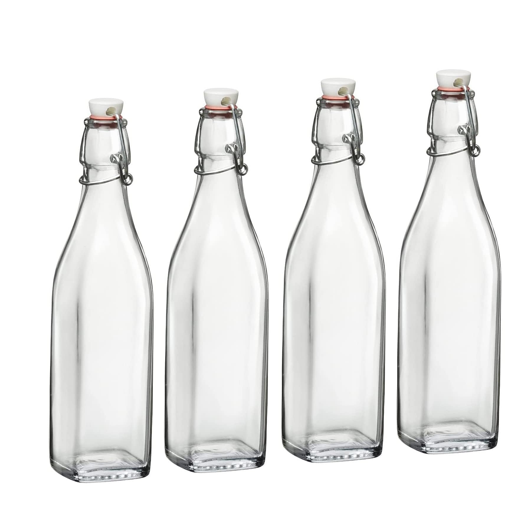 Bormioli Rocco 17oz Swing Bottle (Set of 4) - Reusable Glass Bottles with Airtight Leakproof Swing Tops, BPA-Free Office Water B