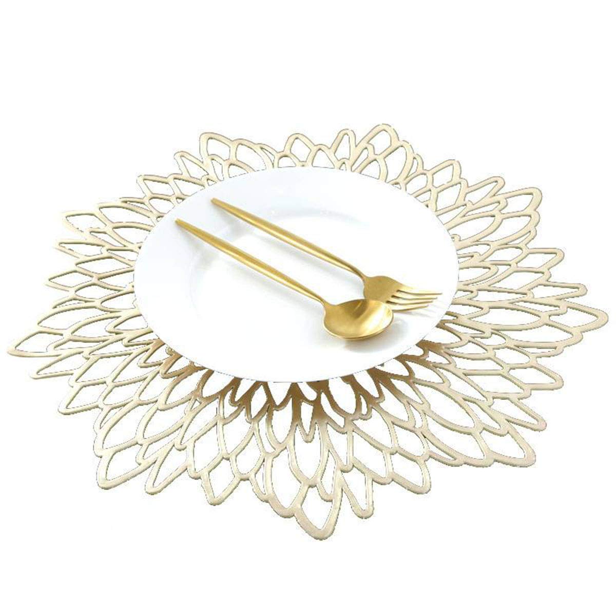 12 Pcs Flower Placemats Vinyl Hollow Placemat Round Dining Mat Decorative Table Mats Non-Slip Heat Insulation Gold Philopack