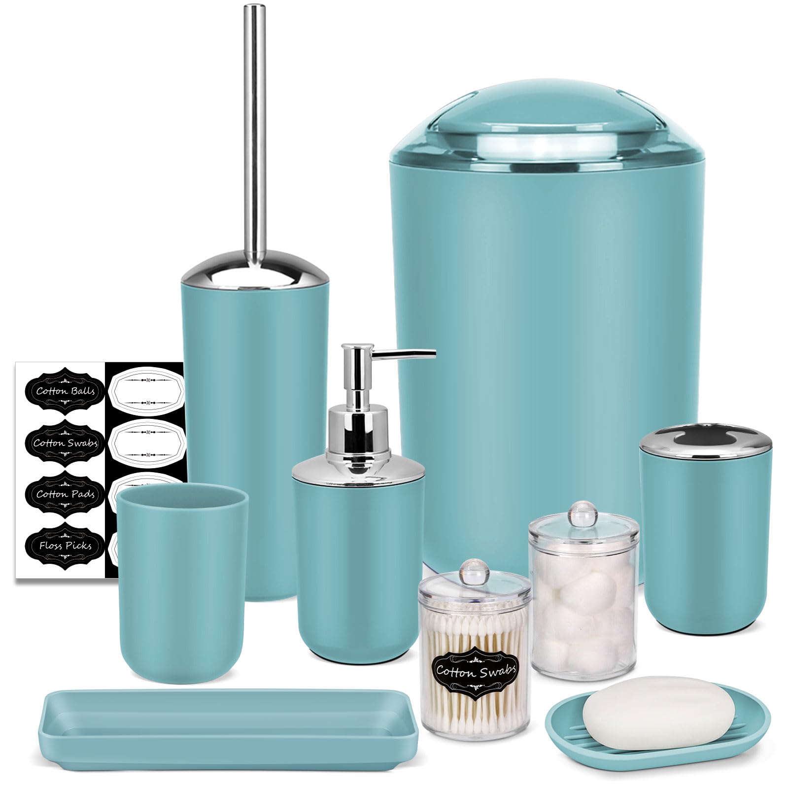 IMAVO Bathroom Accessories Set,Blue Bathroom Set,9 Pieces Bathroom Accessory Set,Tray,Qtip Holders,Toilet Brush,Trash Can for Ba