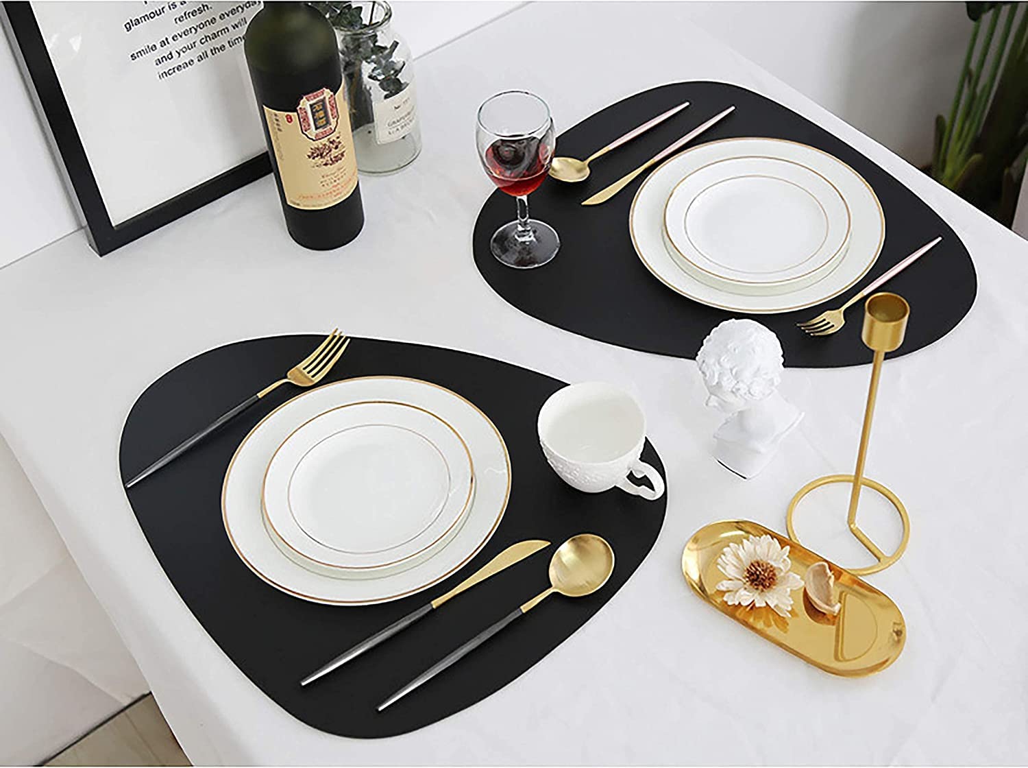 Placemats Set Of 6, Faux Leather Placemats With Coasters, Black Placemats, Heat Stain Scratch Resistant Waterproof Oil-Proof Was