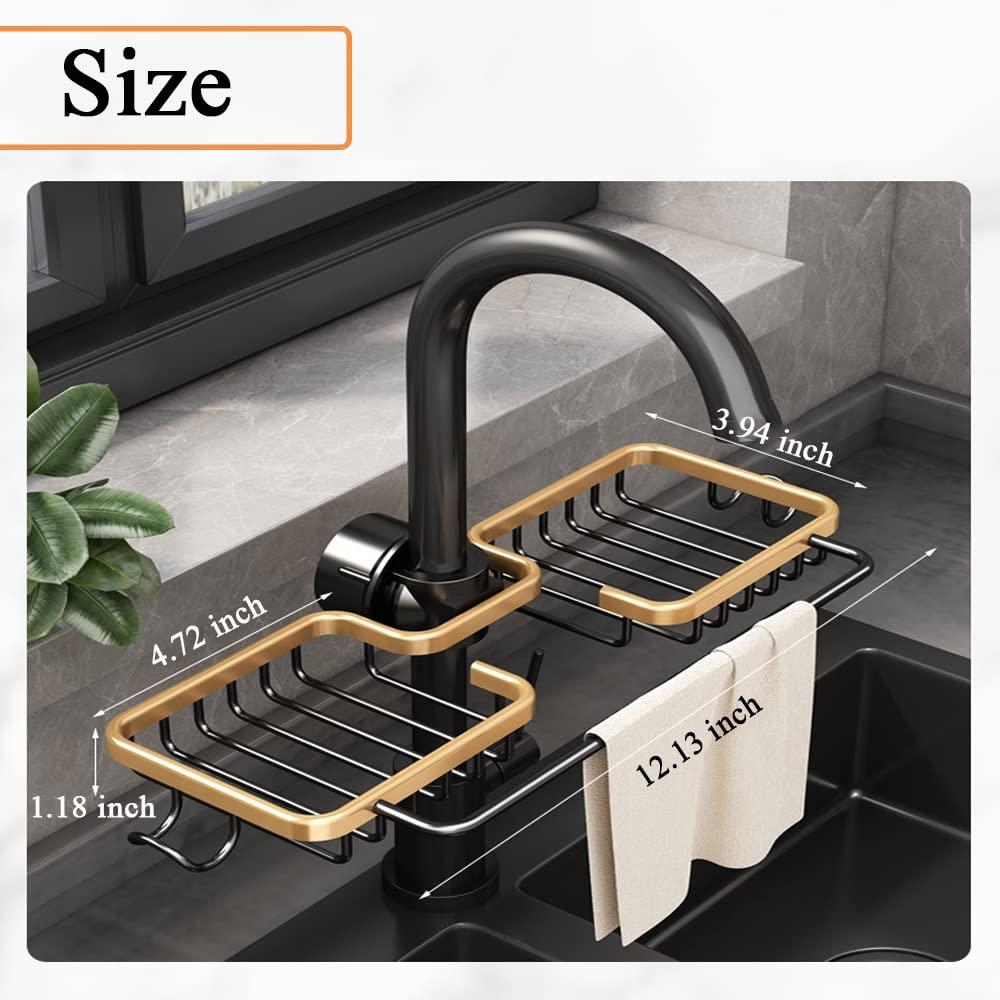 WINGSIGHT Faucet Sponge Holder Kitchen Sink Caddy Organizer Over Faucet Hanging Faucet Drain Rack for Sink Organizer (Double with Dishcloth Rack  Golden)
