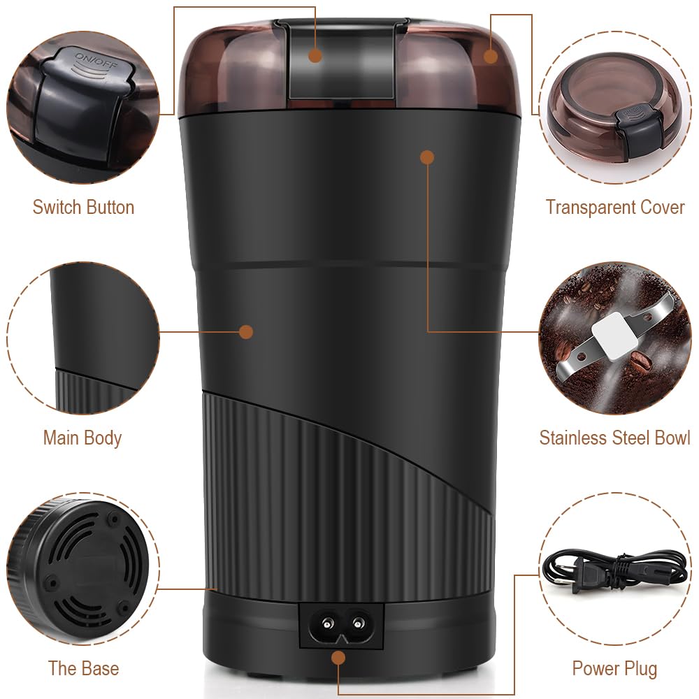 Finphoon Coffee Grinder Electric, Herb Grinder, Coffee Bean Grinder Small, Spice Grinder With Integrated Brush Spoon For One-Tou