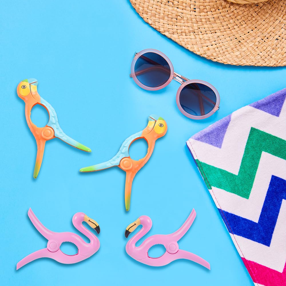 Sopito Jumbo Beach Towel Clips Set of 4, Large Plastic in Pink Orange Flamingo Parrot for Chairs, Pool & Patio Accessories