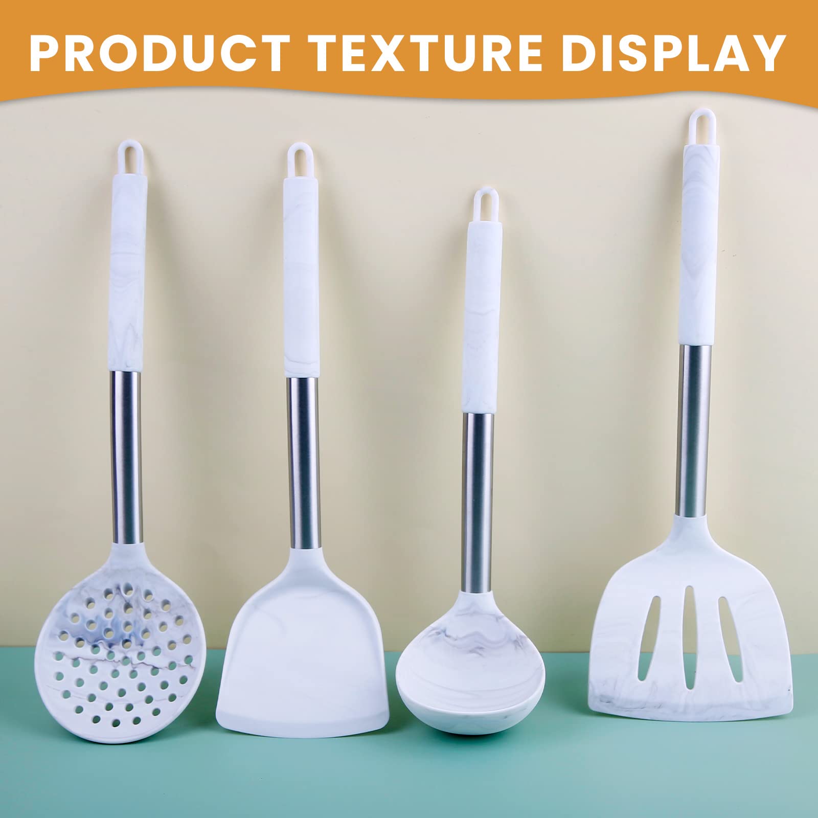 4Pcs Silicone Cooking Utensils Set-Heat Resistant Kitchen Utensils With Stainless Steel Handle,Spatula,Turner, Slotted Spoon,Lad