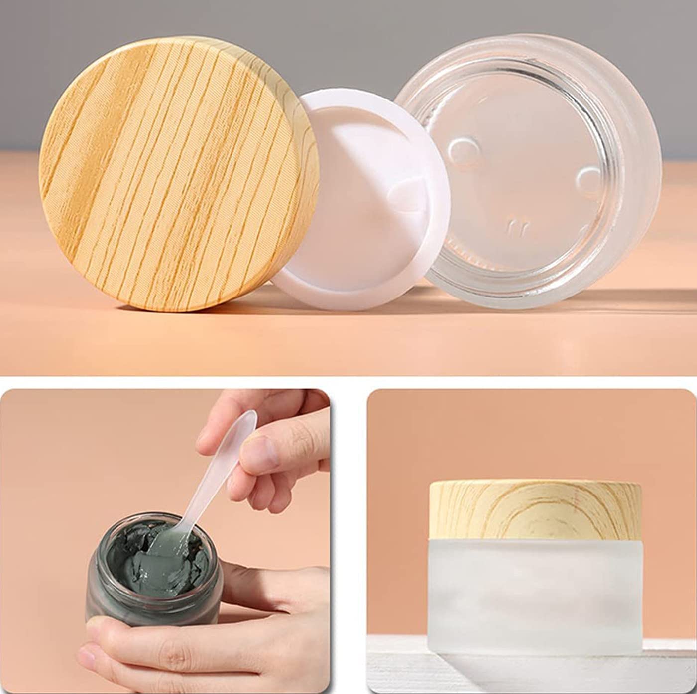 Healthcom 50 Gram/50 Ml Empty Sample Jars Round Frosted Glass Bottle Cosmetic Cream Jar Wood Grain Lid Cosmetic Container Glass