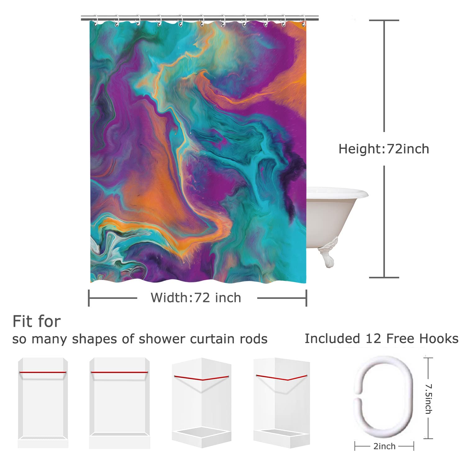 RosieLily Abstract Shower Curtain  Orange Shower Curtain  Colorful Shower Curtain  Teal Shower Curtain  Purple Shower Curtain Sets with 12 Hooks  72Wx72H
