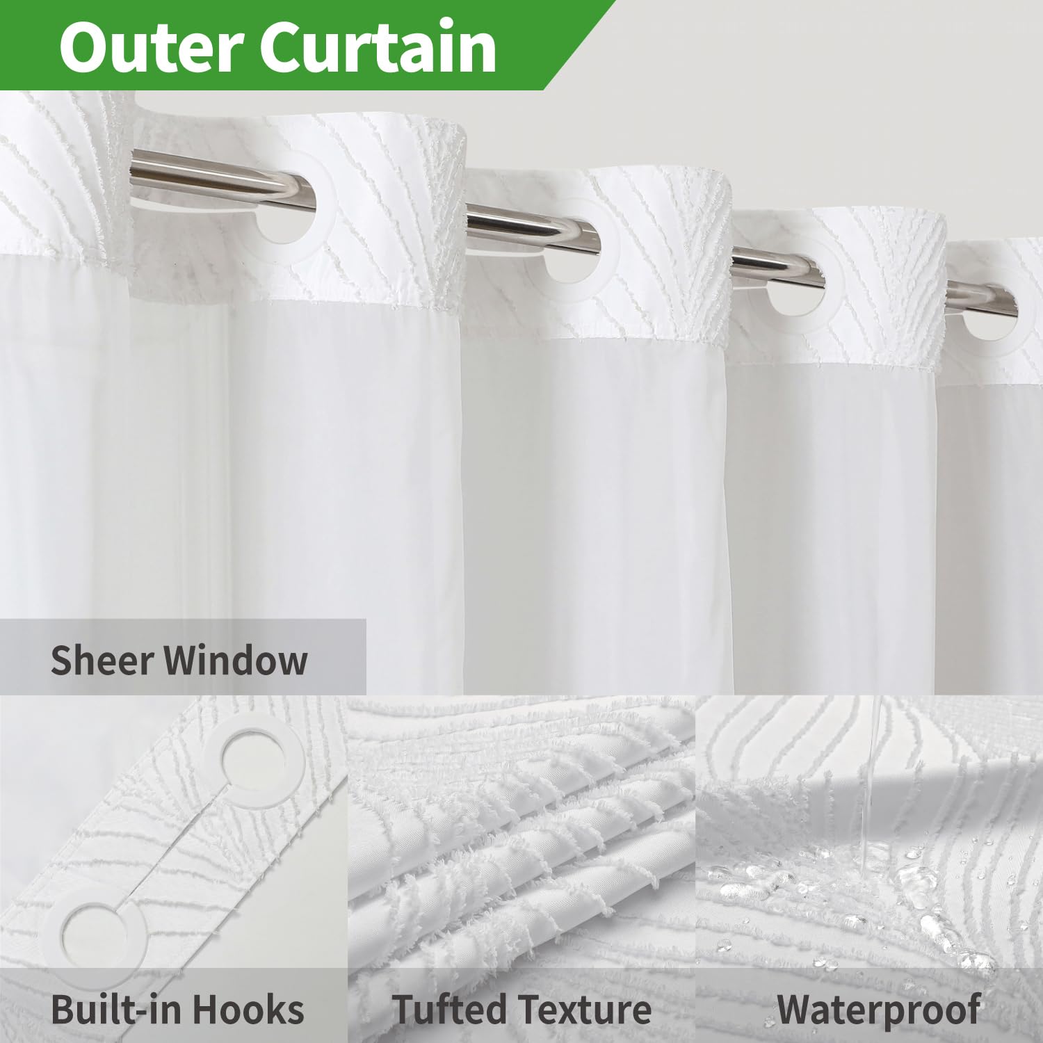 Eachope No Hook Shower Curtain And Liner Set,No Hook Tufted Striped Textured Shower Curtain With Snap In Liner Replacement And W