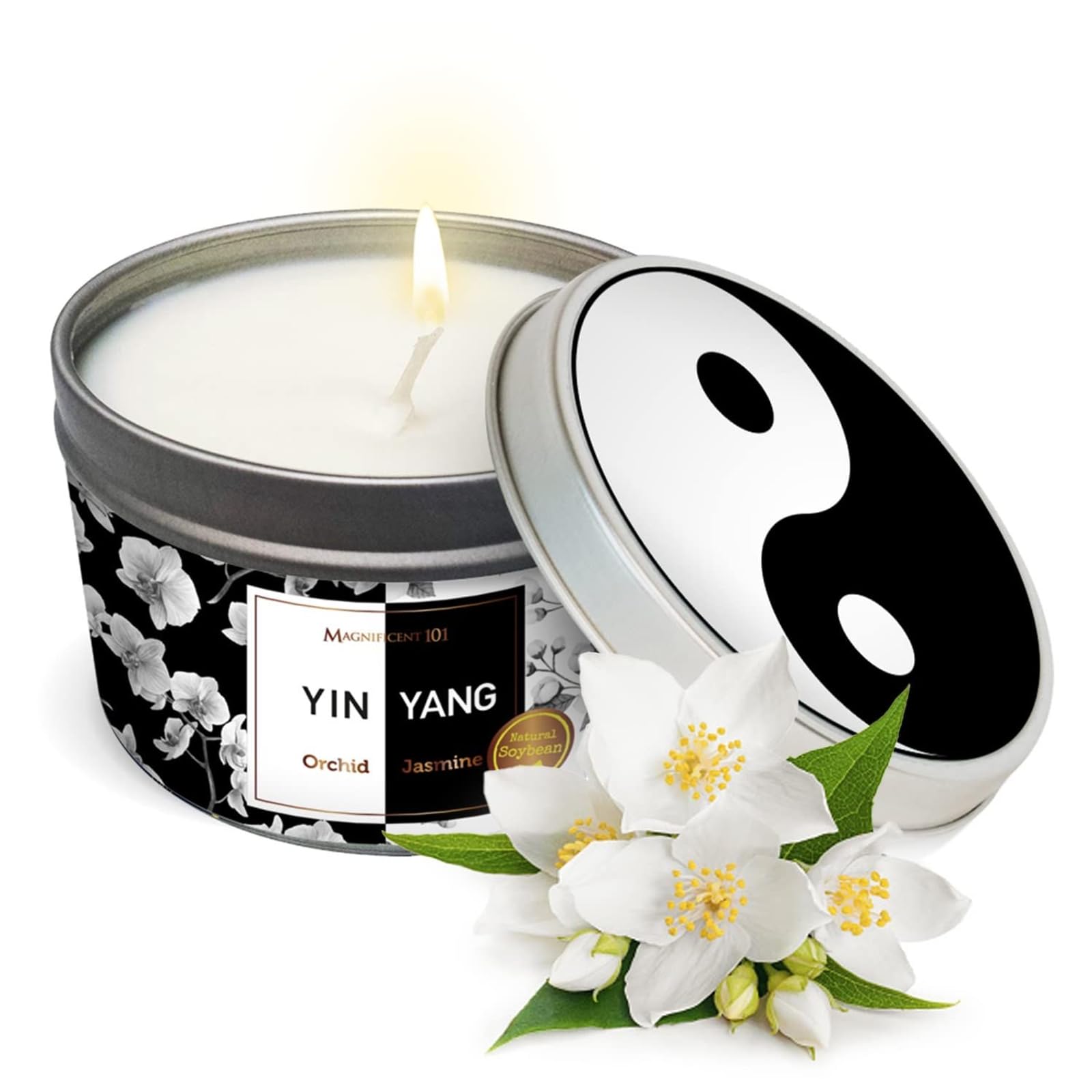 MAGNIFICENT 101 Yin Yang Smudge Candle - 6-Oz Soy Wax Tin - 35-Hr Burn Time & Orchid & Jasmine Scent - Energy Cleansing & Chakra
