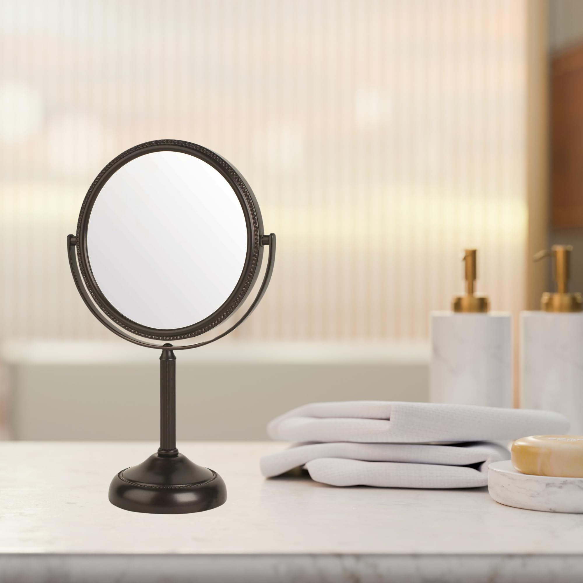 Jerdon Two-Sided Tabletop Makeup Vanity Mirror - 10X-1X Magnification & Swivel Design - 6-Inch Diameter Portable Mirror - Bronze