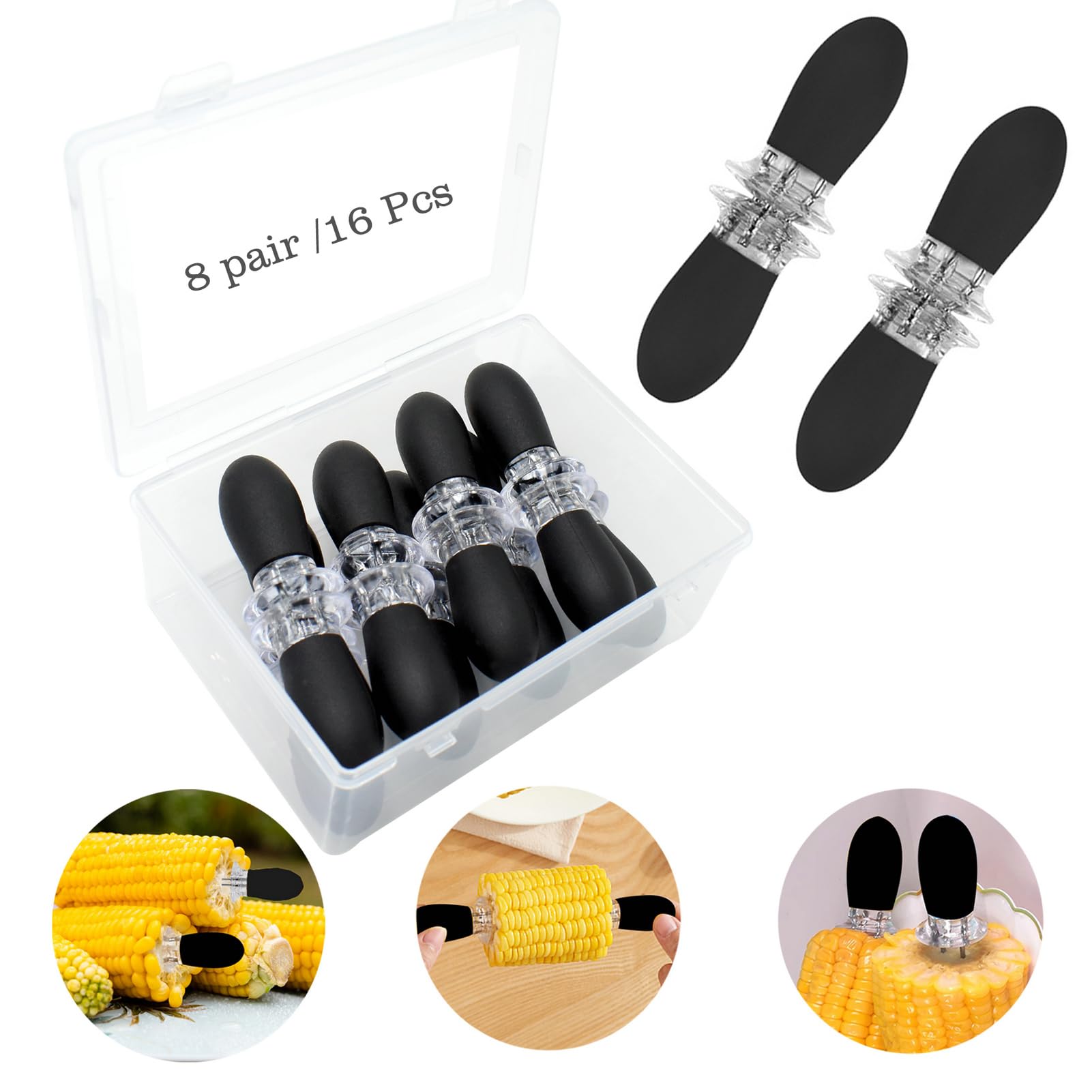 16Pcs/8 Pairs Black Corn Holders,Peouwnes Stainless Steel Corn Cob Holders Corn On The Cob Skewers, Corn On The Grill, Interlock