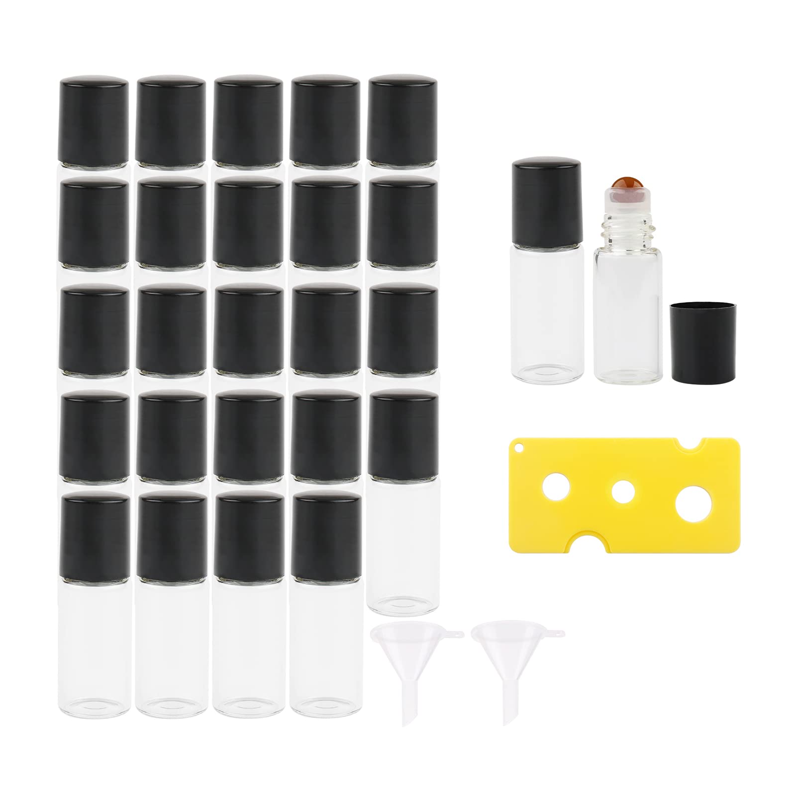 Newzoll 26Pcs 3Ml Glass Roller Bottles, Clear Mini Glass Roll-On Bottles With Opener & 2 Funnels, Empty Sample Roller Vials For