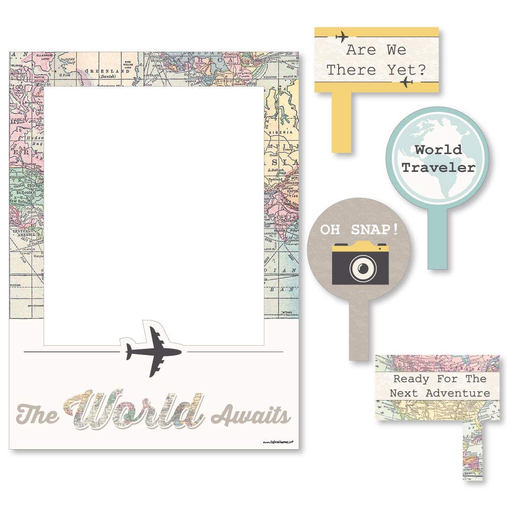 Big Dot Of Happiness World Awaits - Travel Themed Party Selfie Photo Booth Picture Frame & Props - Printed On Sturdy Material