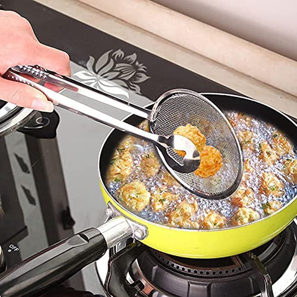 1Pc 2 In 1 Stainless Steel Fine Mesh Strainer Oil-Frying Filter Spoon Food Clip Snack Fryer Strainer Multi-Functional Clip Skimm