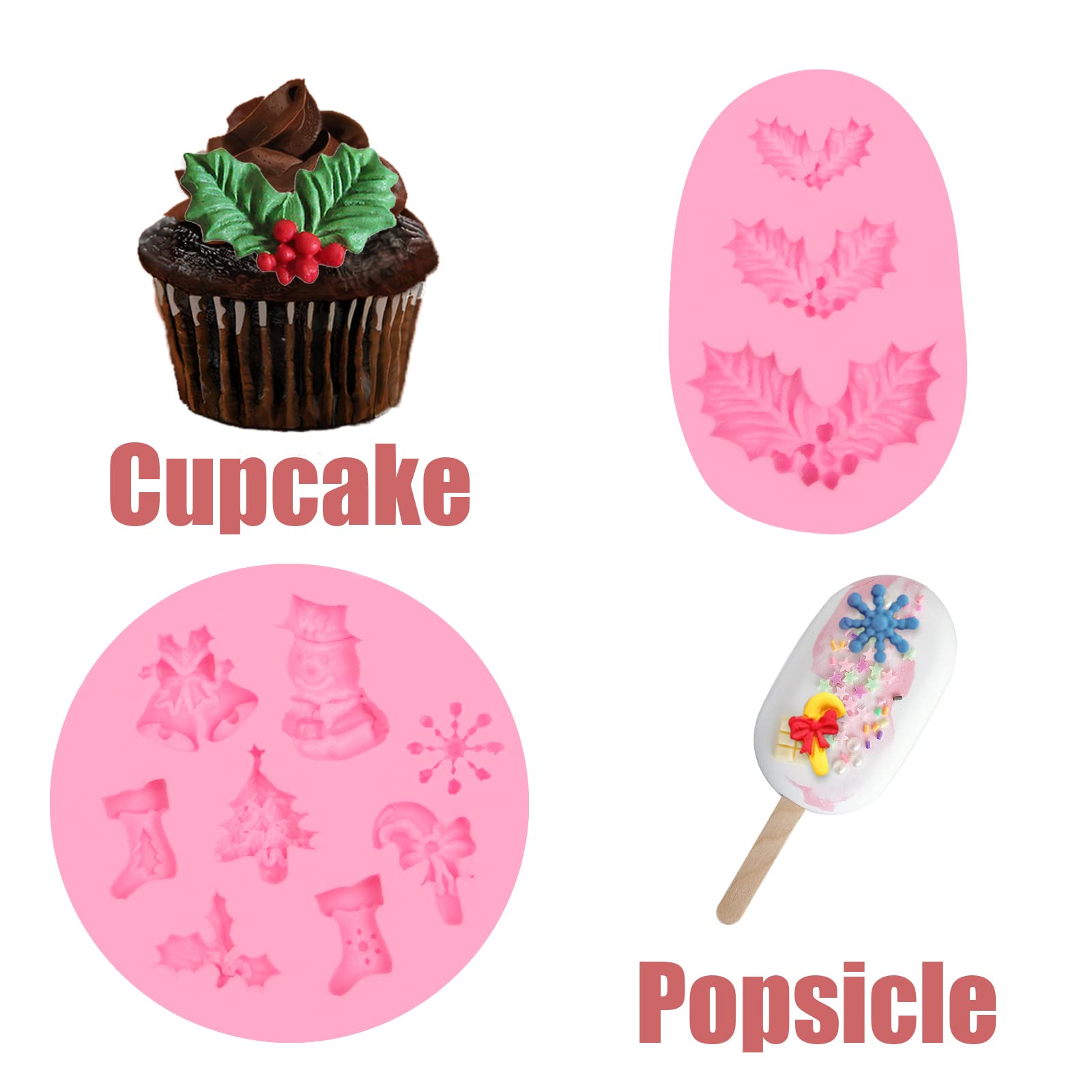 Christmas Snowflake Fondant Silicone Molds 3 Pcs, Christmas Holly Leaf Sock Walking Stick Chocolate Mold For Cake Decoration Can