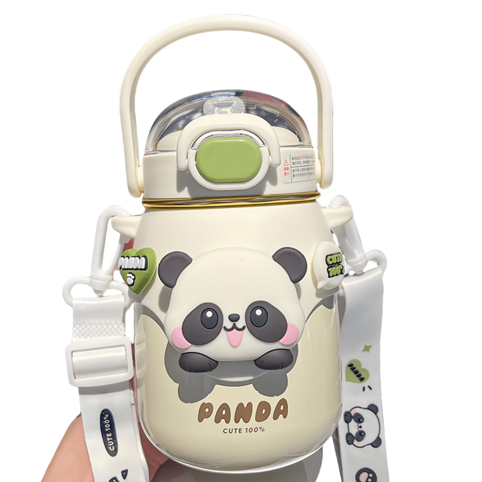 Kawaii Panda Stainless Steel Water Bottle with Straw LeakProof Drinking Cups Cute 24oz Water Bottle with Adjustable Strap for S