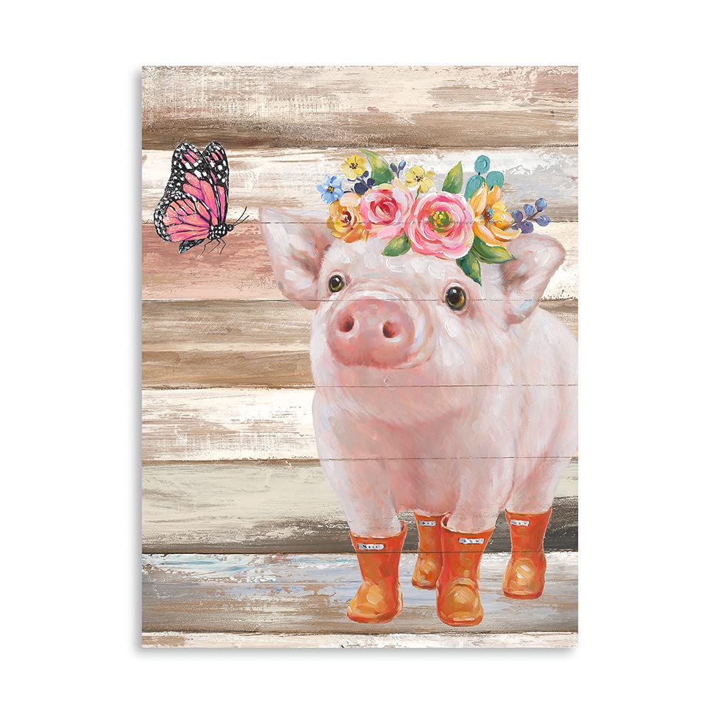 Funny Piggy And Pink Butterfly Pig Pictures Wall Art Farmhouse Wall Decor Farm Animal Canvas Poster Mural For Bedroom Bathroom A