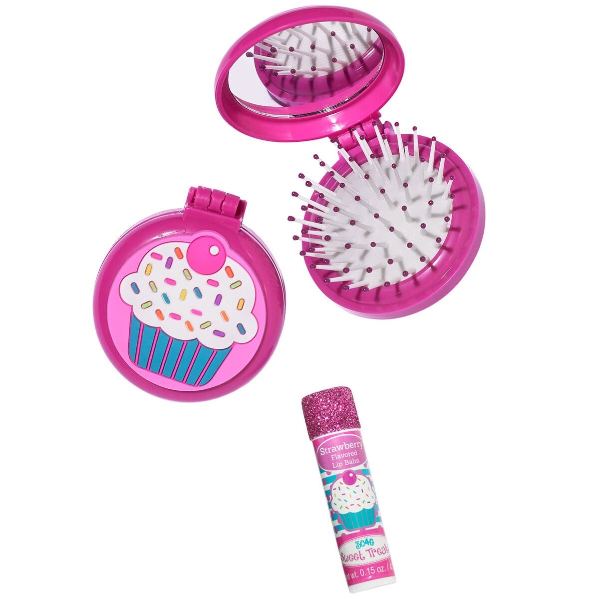 3C4G Cupcake Folding Brush & Mirror Set With Bonus Lip Balm
