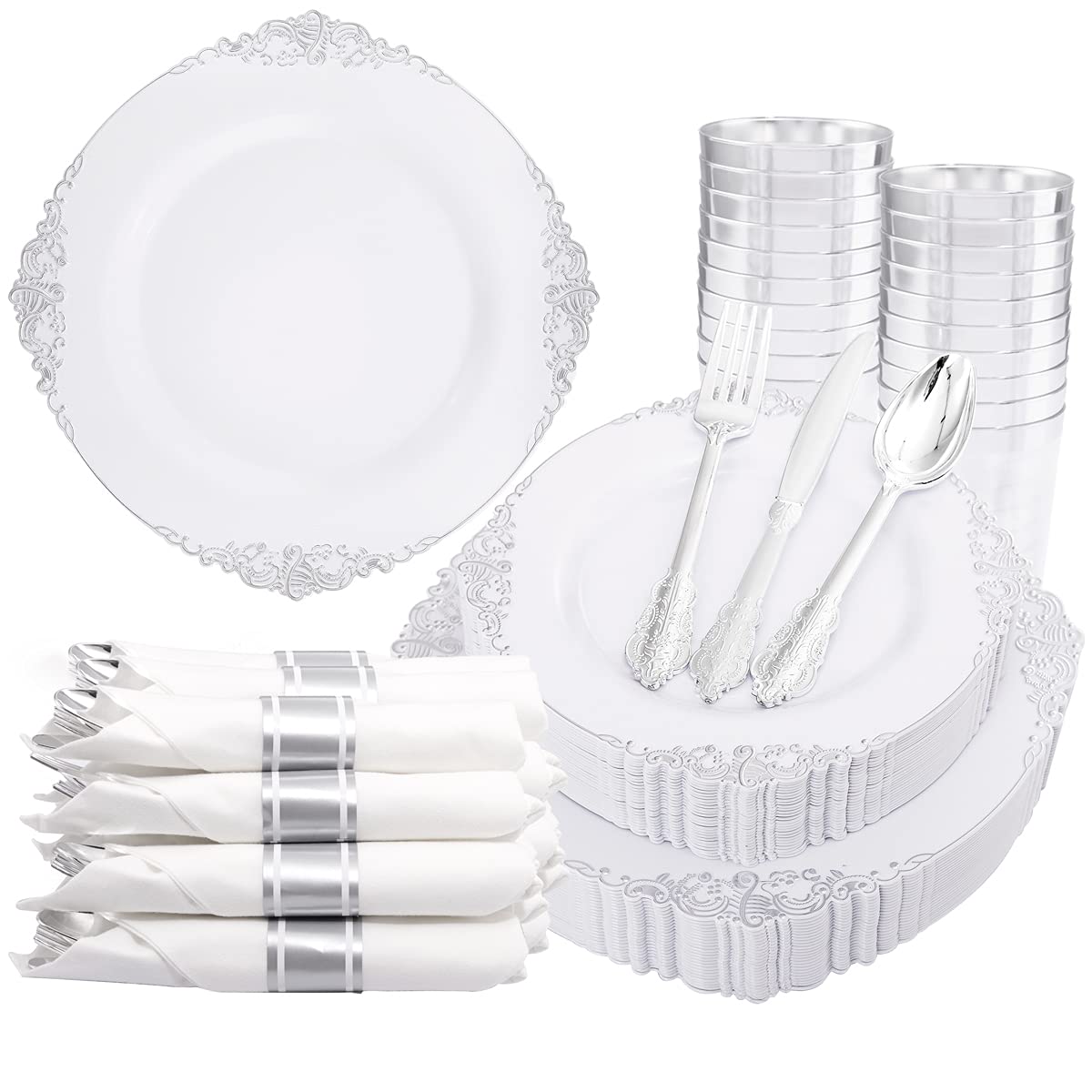 Liacere 350Pcs Silver Plastic Plates&Pre Rolled Napkins For 50 Guests - Plastic Dinnerware Sets 100Silver Disposable Plates, 150