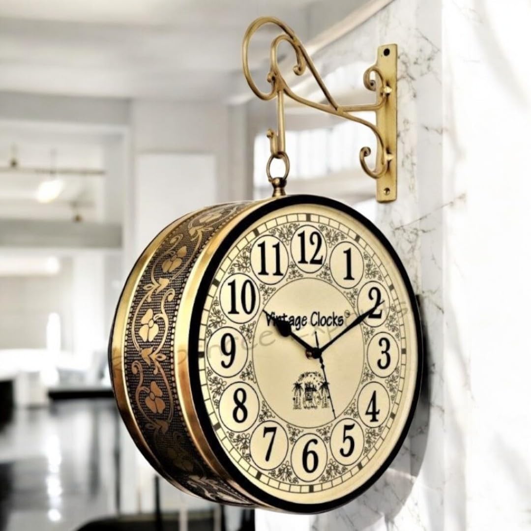Vintage Clock Brass Finish Metal Handcrafted One Side English Other Side Roman Number Railway Station Double Side Analog Clock, 