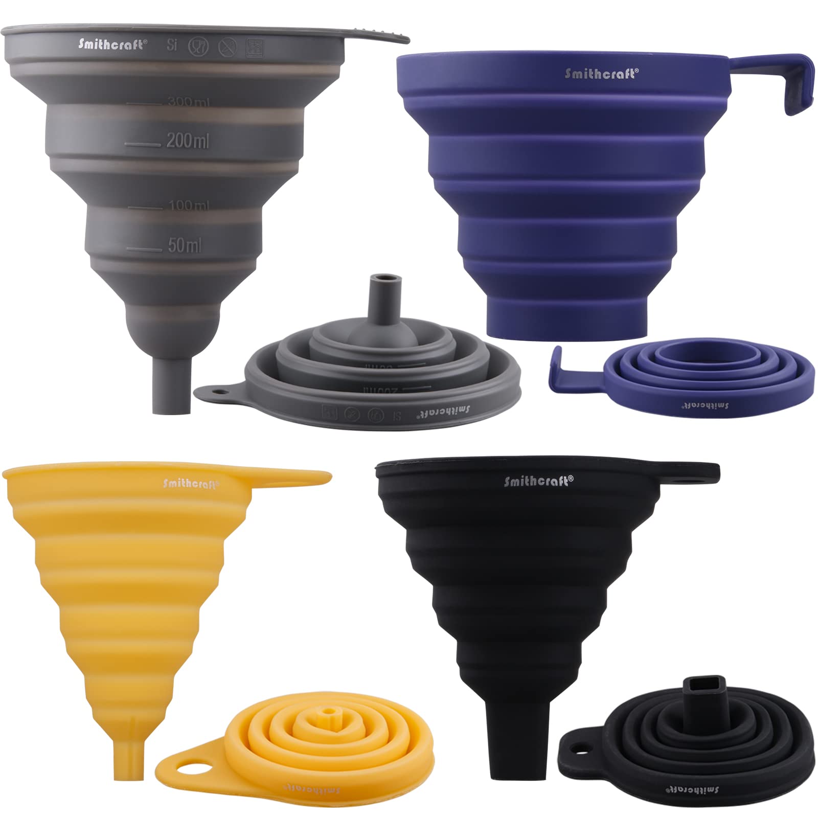 Smithcraft Funnel Set 4, Silicone Funnels For Kitchen, Collapsible Funnels For Water Bottle, Liquid Transfer Funnels With Narrow