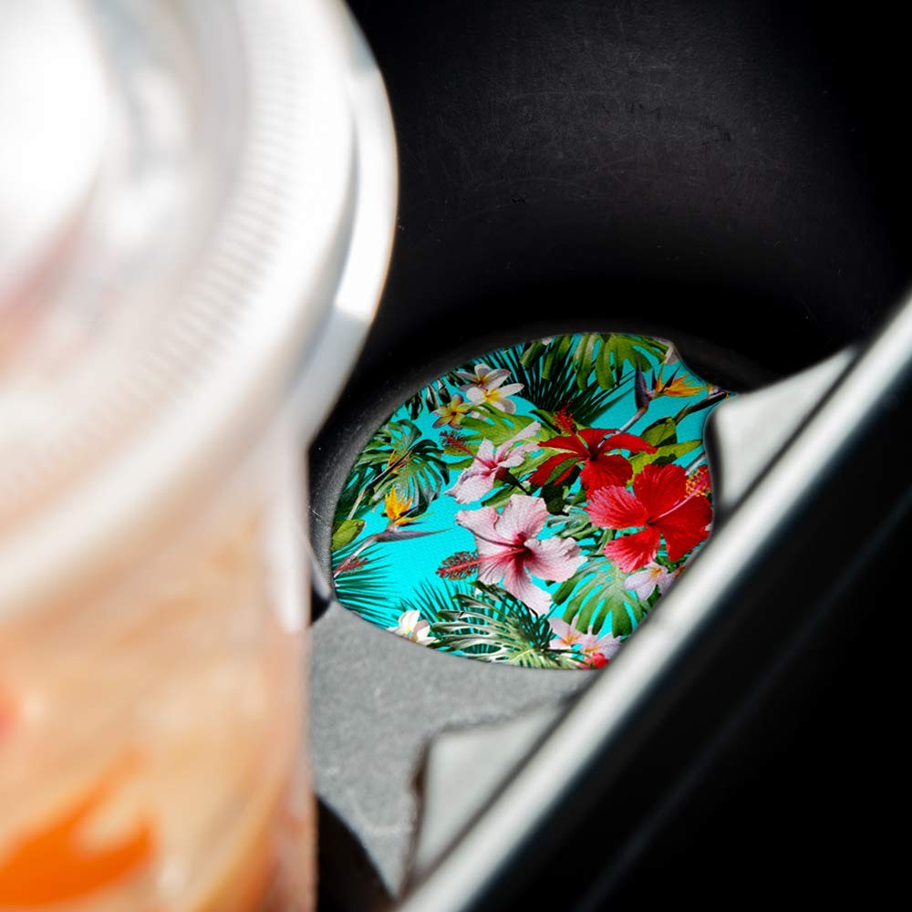 Tropical Red Hibiscus | Car Coasters For Drinks Set Of 2 | Perfect Car Accessories With Absorbent Coasters. Car Coaster Measures