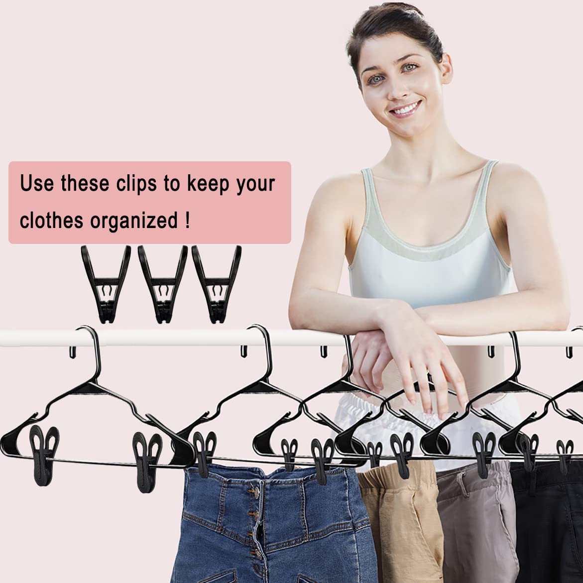 Tofiigrem Black Hanger Clips 60 Pack, Multi-Purpose Plastic Hangers Clips Perfect For Plastic Clothes Hangers, Finger Clips For