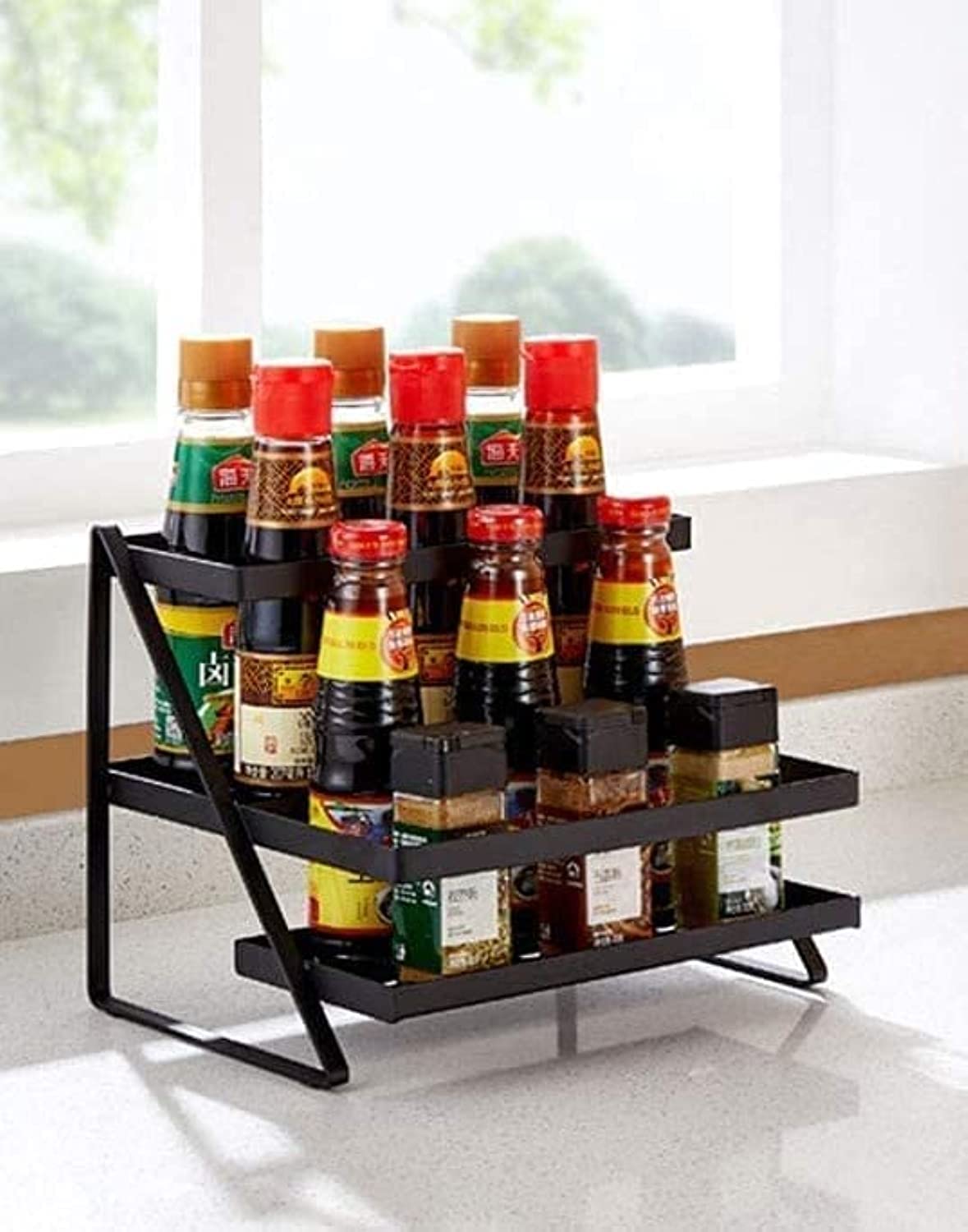 Incredible Hub Iron Bottle Rack | Countertop 2 Tier Spice Rack | Modular Kitchen Storage Organizer | Multipurpose Shelf/Rack (Bl