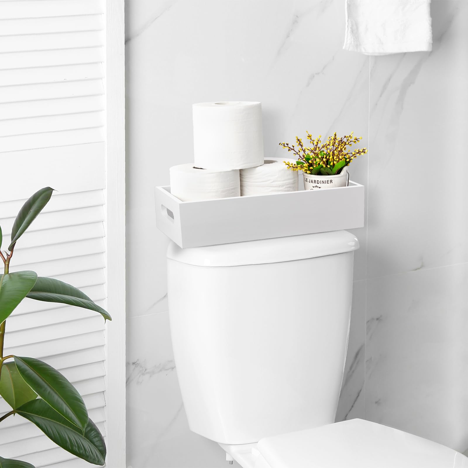 Alelion White Bathroom Basket - Wooden Toilet Tank Paper Basket With Handle For Organizing - Back Of Toilet Storage Organizer Fo
