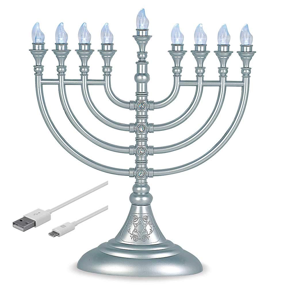 Aviv Judaica Traditional Hanukkah LED Electric Menorah Powered by Battery or USB Chanukiah - 4 Micro USB Cable Included Electro