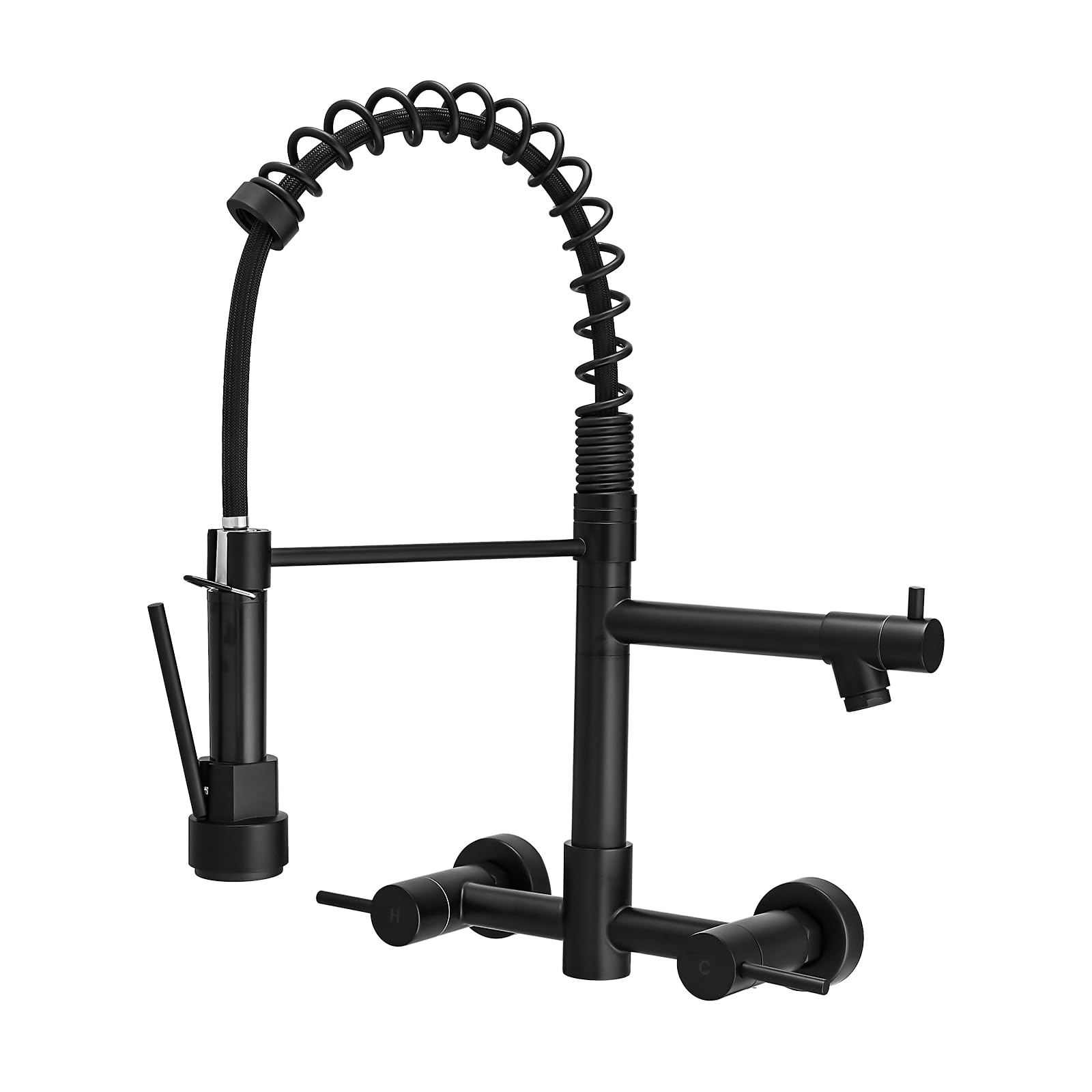 AIMADI Black Wall Mount Kitchen Faucet with Pull Down Sprayer Pot Filler | Matte Black Commercial Style Dual Handle Sink Faucet 