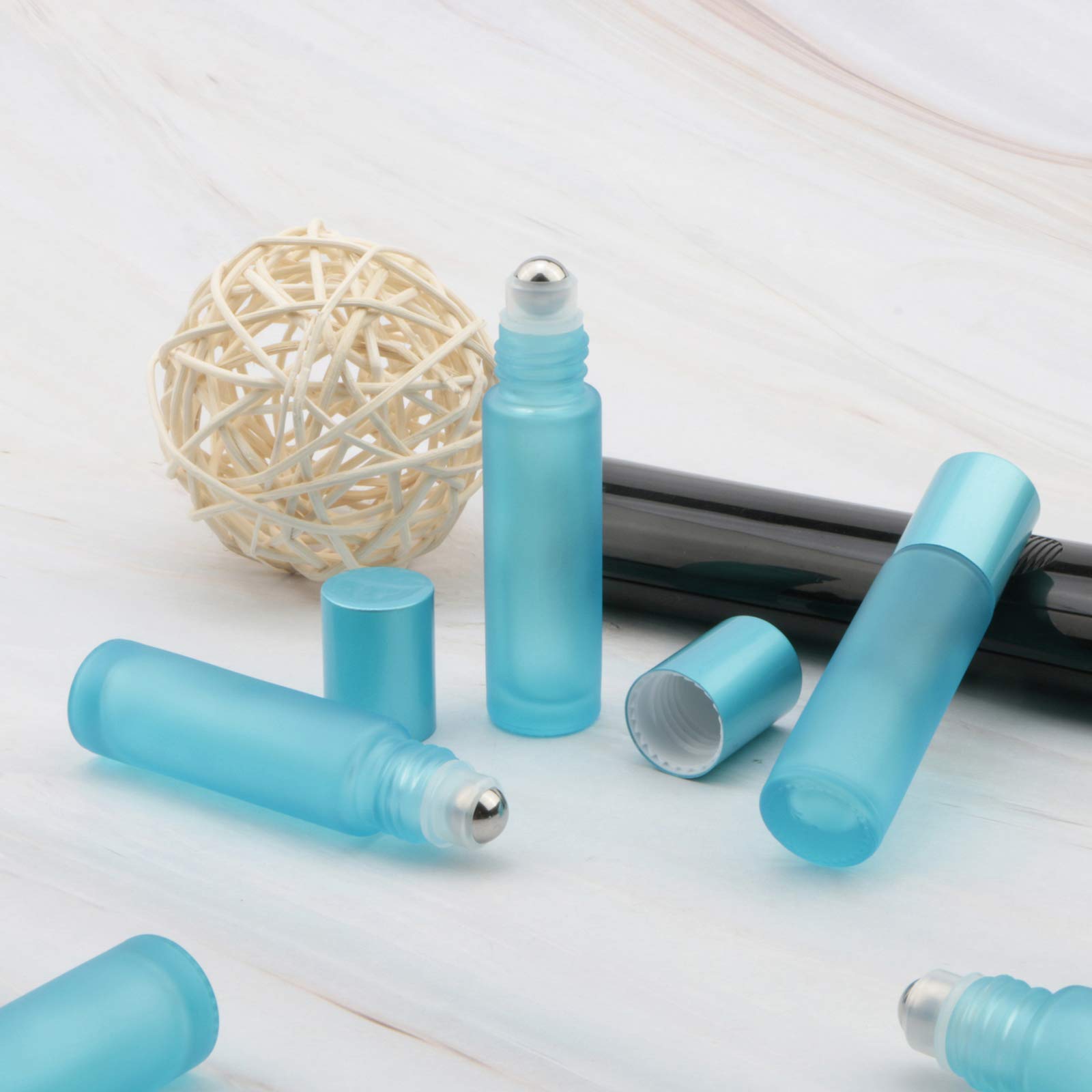 Kesell Glass Roller On Bottle, 10Ml Refillable Essential Oil Bottle With Stianless Steel Ball, Pack Of 10 (Light Blue)