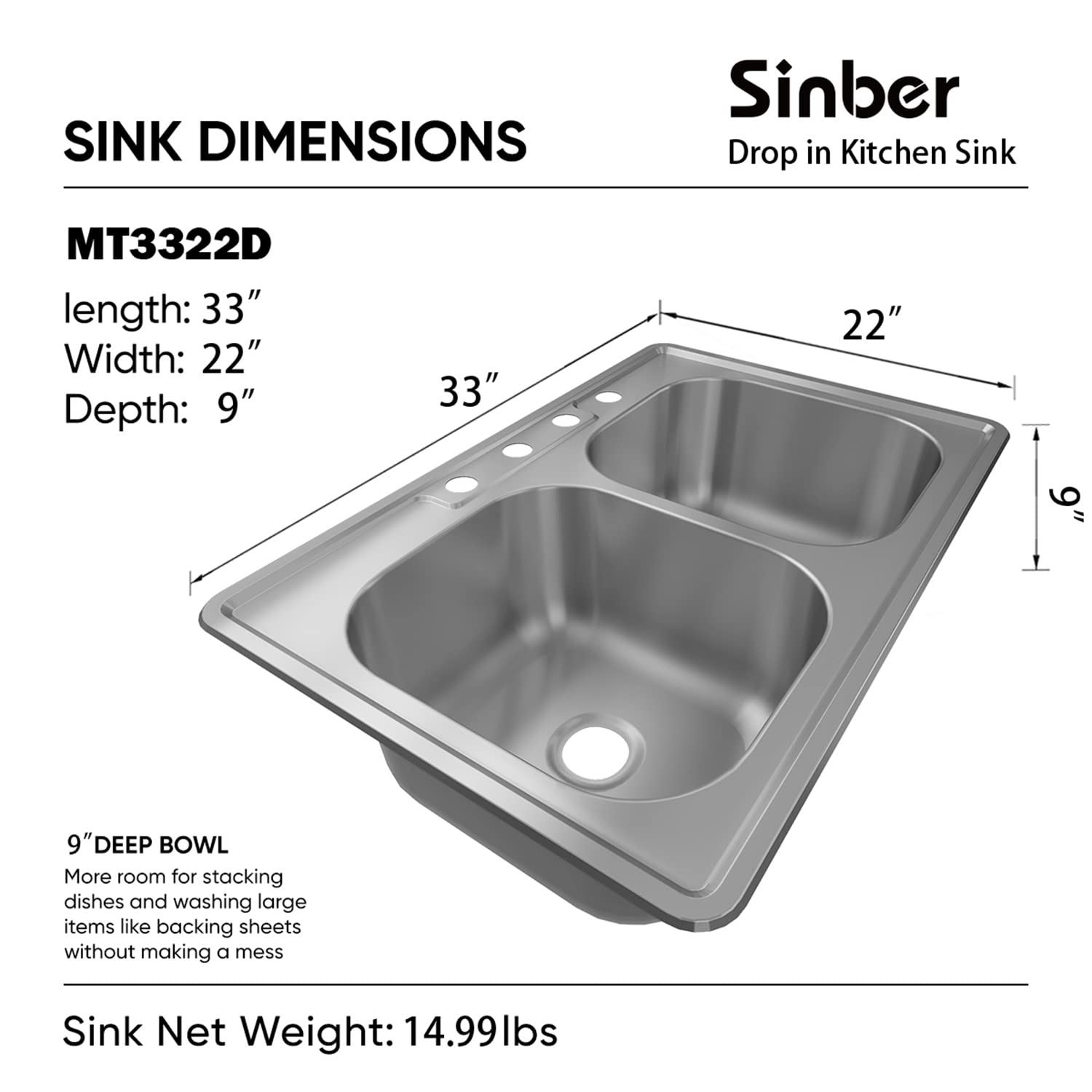 Sinber 33'' X 22'' X 9'' Drop In Double Bowl Kitchen Sink With 18 Gauge 304 Stainless Steel Satin Finish Mt3322D-Ol (Sink Only)