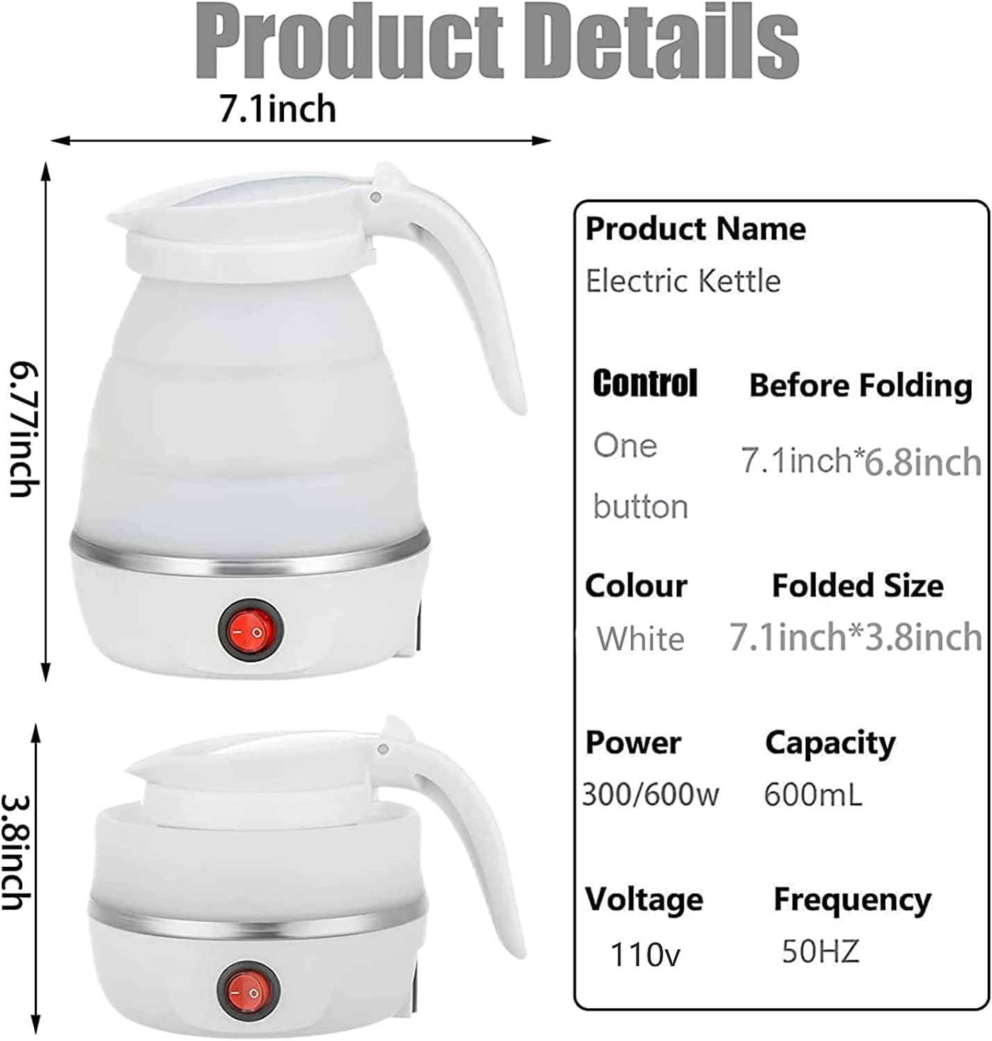 UpdateClassic Portable Electric Kettle 0.6L, Stainless Steel, White, Model SYS-01, Foldable Travel Design for Coffee & Tea