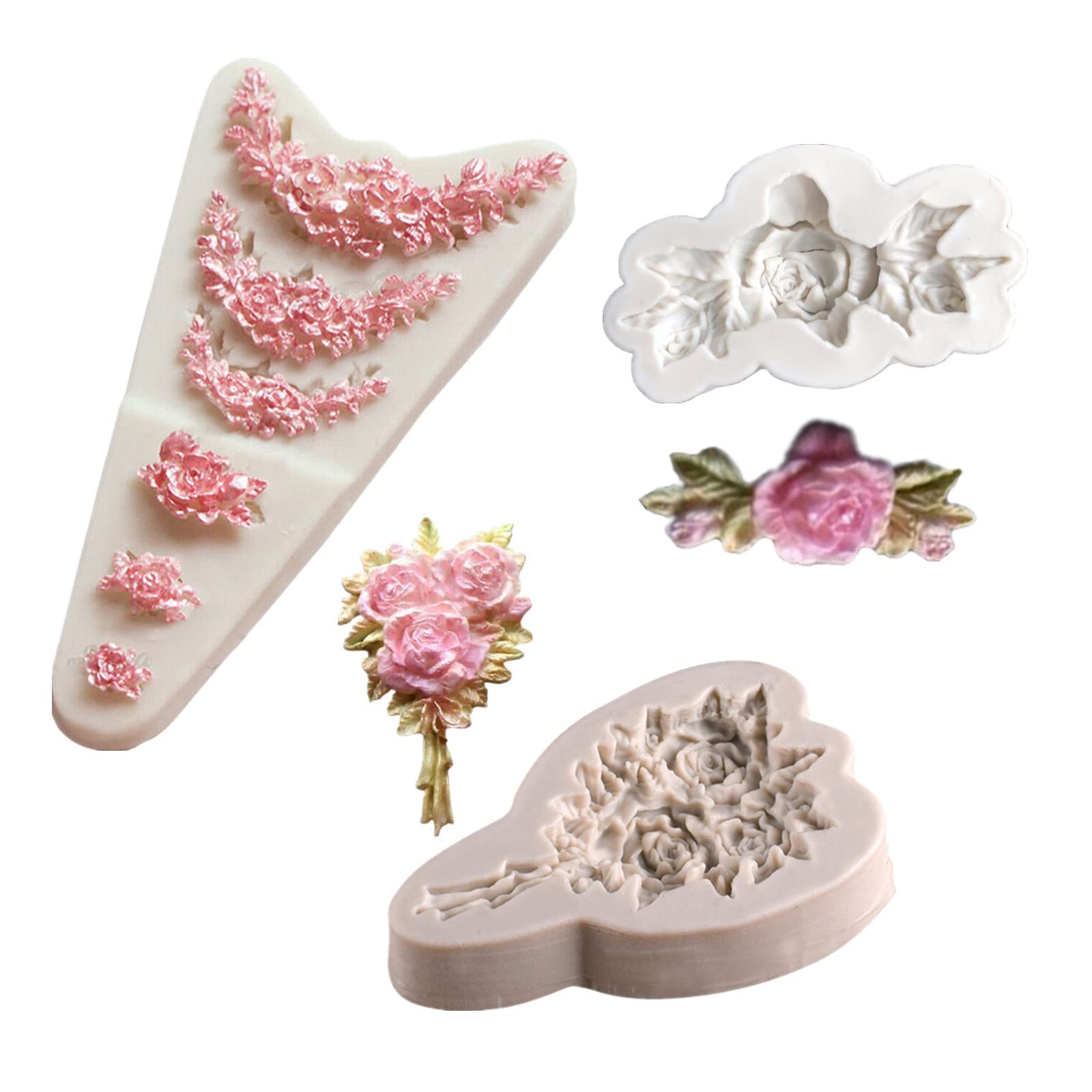 3Pcs Rose Wreath Flower Bouquet Leaves Fondant Molds For Wedding Cake Decorating Cupcake Topper Candy Chocolate Gum Paste Polyme