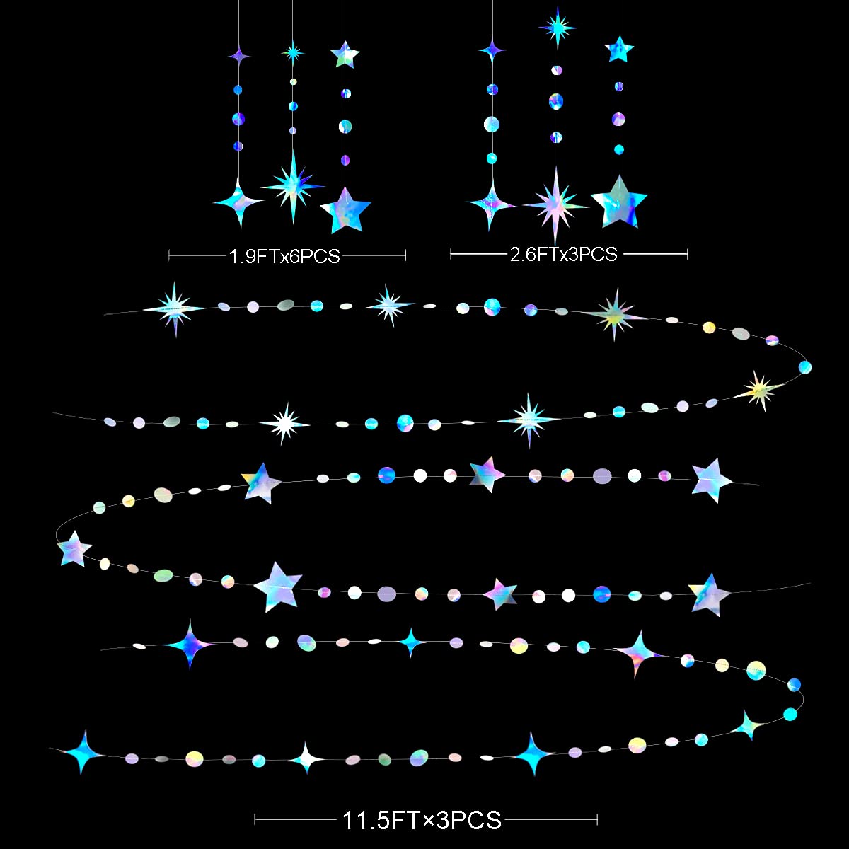 Iridescent Party Decorations Star Circle Dot Paper Garland Banner Bunting Streamer Metallic Hanging Twinkle Star Decoration For